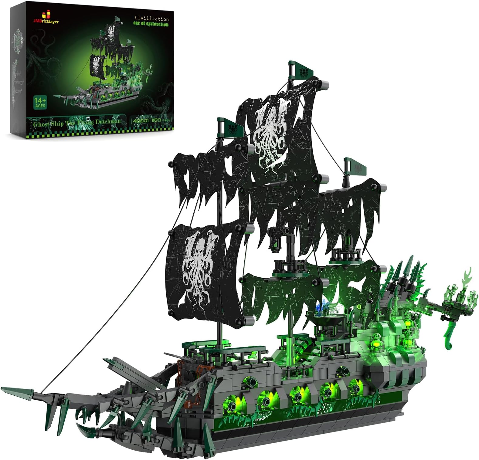 Ghost Pirate Ship Building Block Toy with Lights, 40001 Flying Dutchman Brick Model to Build for Adults Men, Sail Boats Construction Toy Collection Decor Gifts for Childs 14+ (1100Pcs)