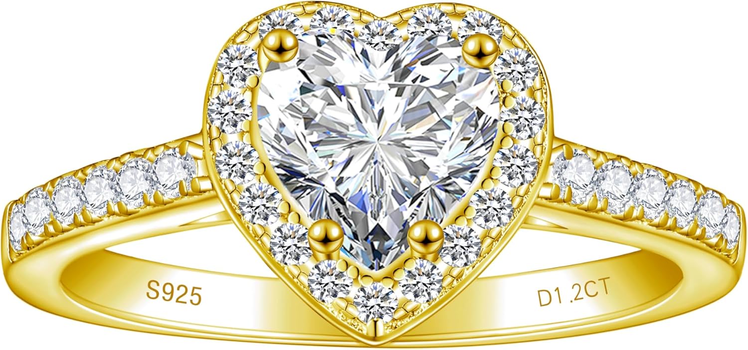 1/1.5/2CT 925 Sterling Silver Heart Moissanite Engagement Rings for Women D Color VVS1 Heart-Shaped Promise Ring for Her Size 4-10