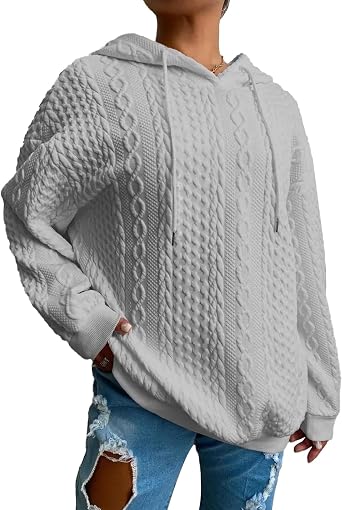 Zhyaj Womens Cable Knitted Hoodies Drawstring Long Sleeve Hooded Sweatshirt Casual Oversized Chunky Sweaters for Women