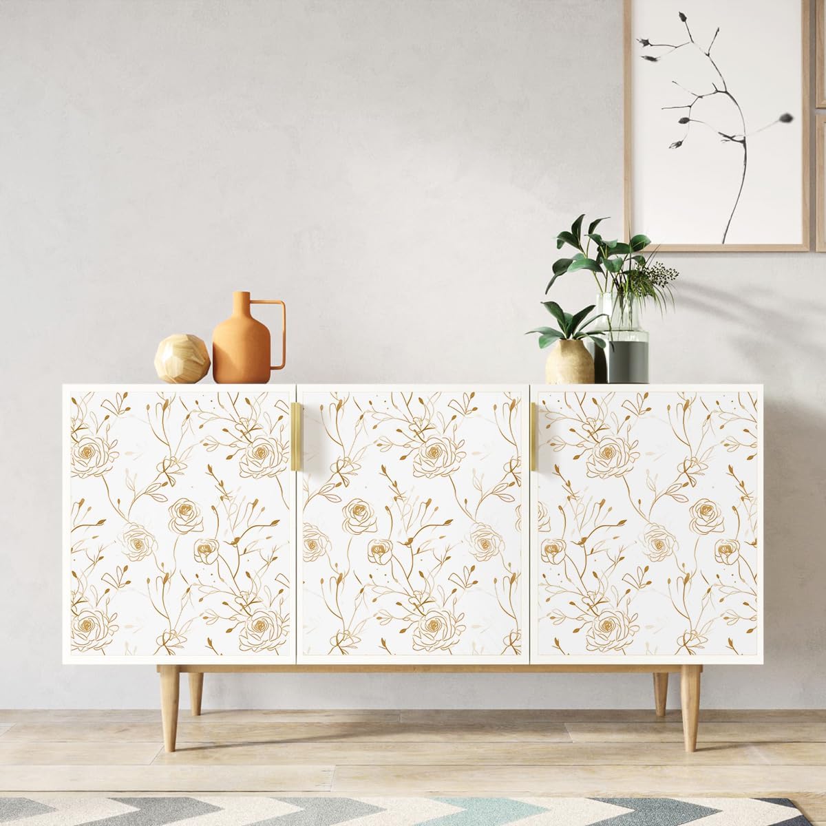 Modern Peel and Stick Wallpaper Floral Contact Paper 16.1inch x 196.8inch Gold and White Wallpaper Line Flower Self Adhesive Removable Contact Paper for Cabinets Vinyl
