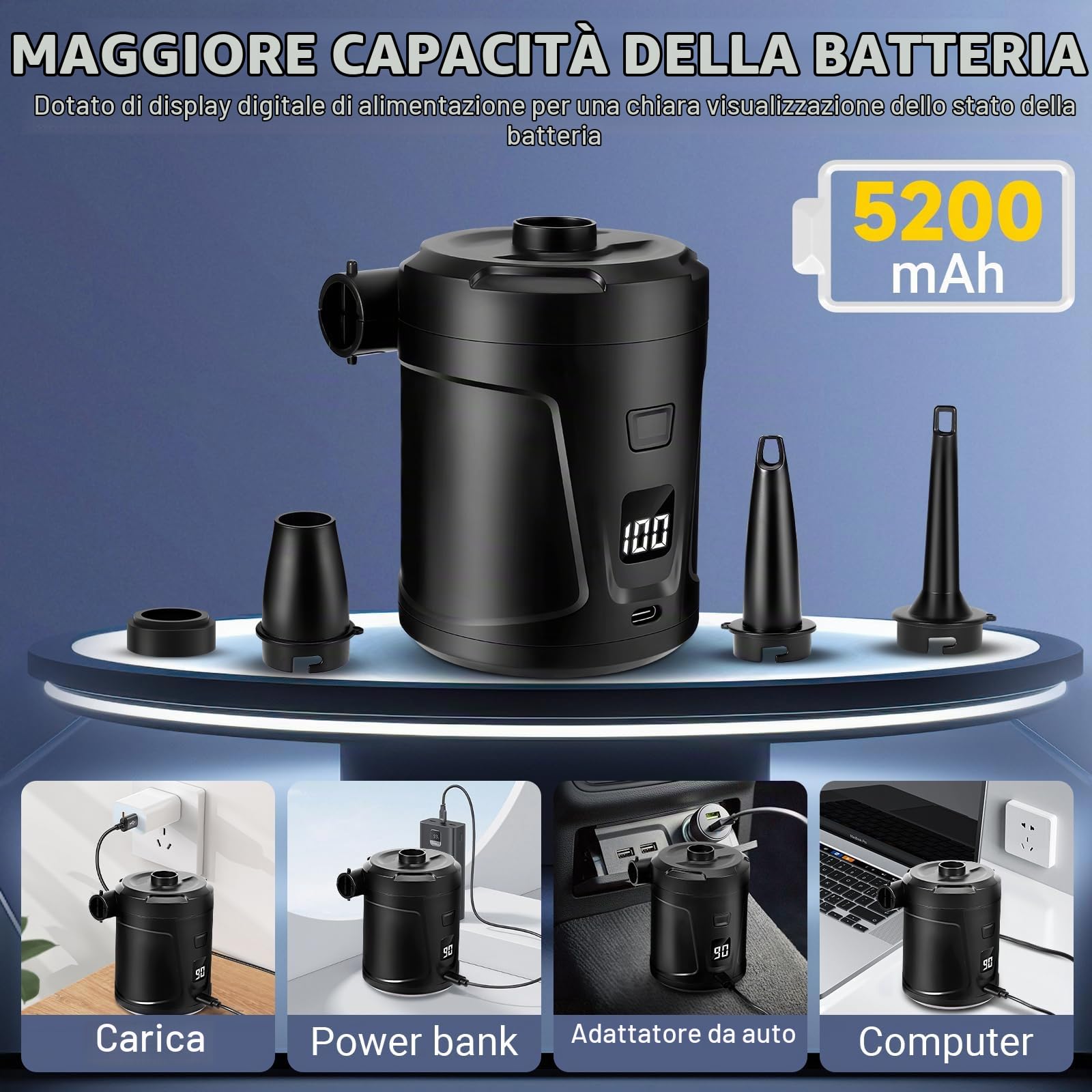 Pompa Elettrica, 5200mAh Pompa Elettrica Portatile, Gonfiaggio e Sgonfiaggio Rapido, Gonfiatore Elettrico con 4 Ugelli per Materasso Gonfiabile, Divano Gonfiabile, Piscina Gonfiabile