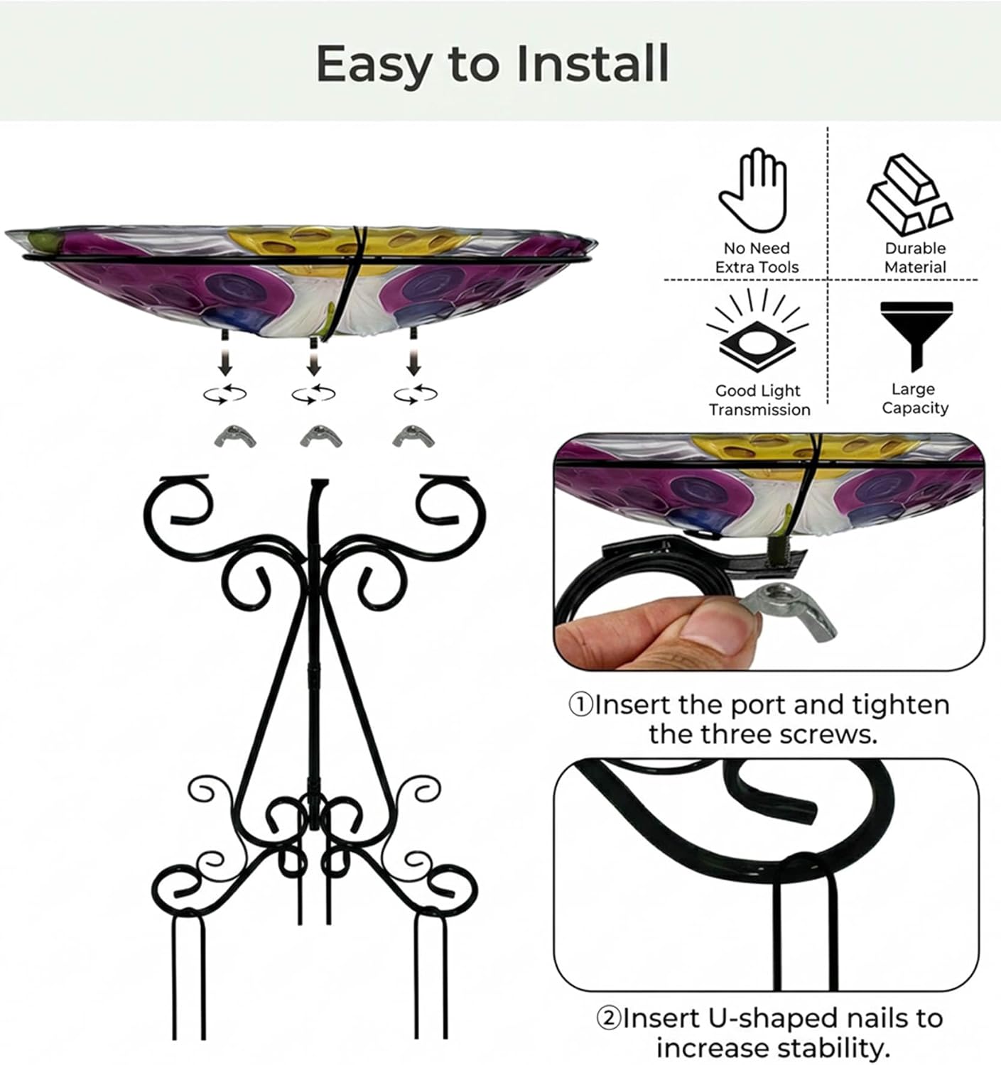 Large Bird Bath for Outside, 18" D Glass Bath Bowl with Metal Stand 28" H Standing Outdoor Birdbaths for Garden Yard Lawn Decor, Butterfly-B