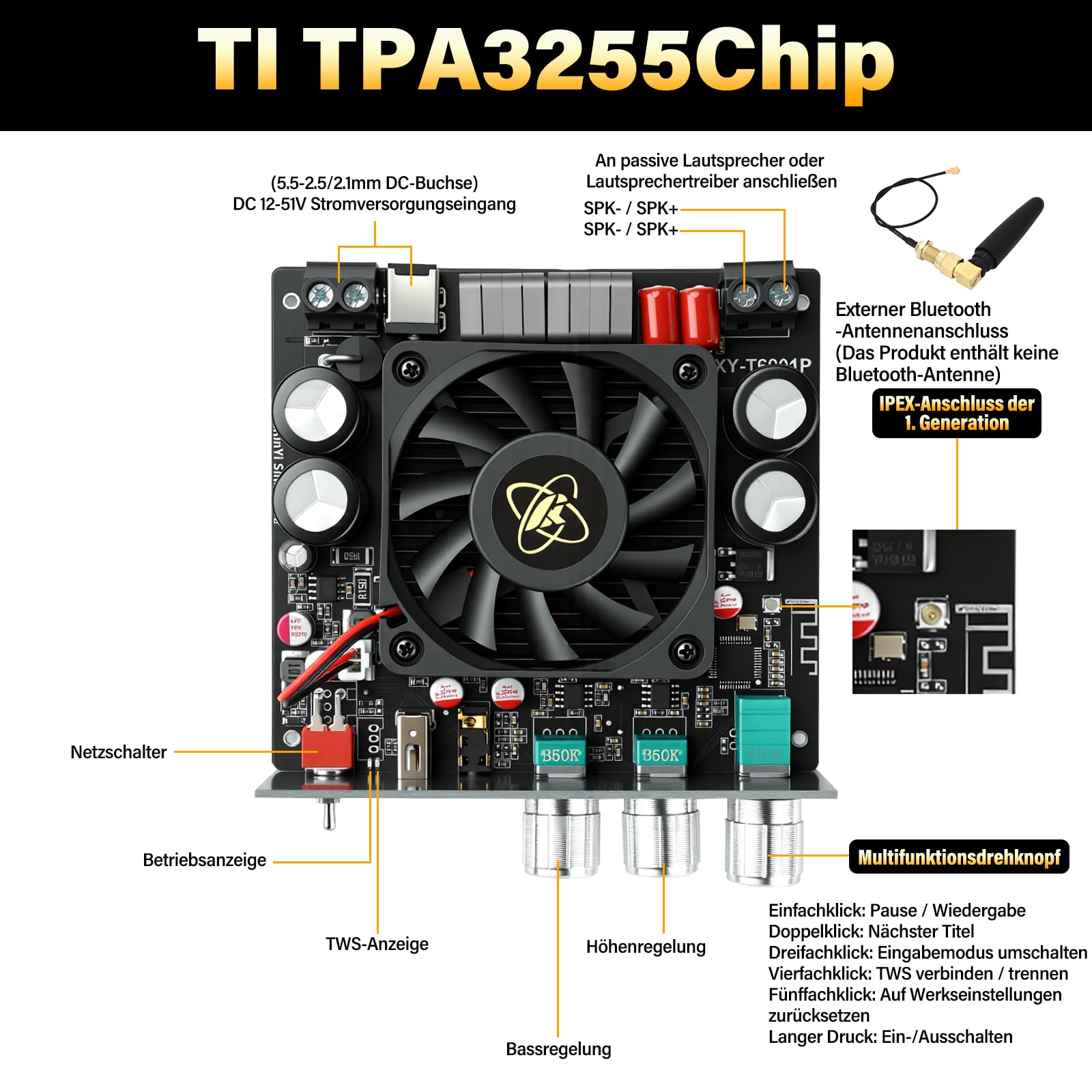 HiFi Verstärker Modul mit Bluetooth 5.0, 600W Subwoofer TWS Mono Digital Stereo Audio Verstärker Board TPA3255 Chips, AAC/SBC, DC 19-51V/10A, BT 5.0/USB/AUX, für DIY Lautsprecher