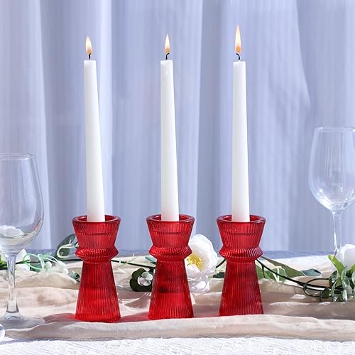 Miniatura 9 de VOHO Candelabros rojos para decoraciones de Navidad, juego de 3 portavelas de vidrio acanalado versátil para velas cónicas y velas de té, románticos
