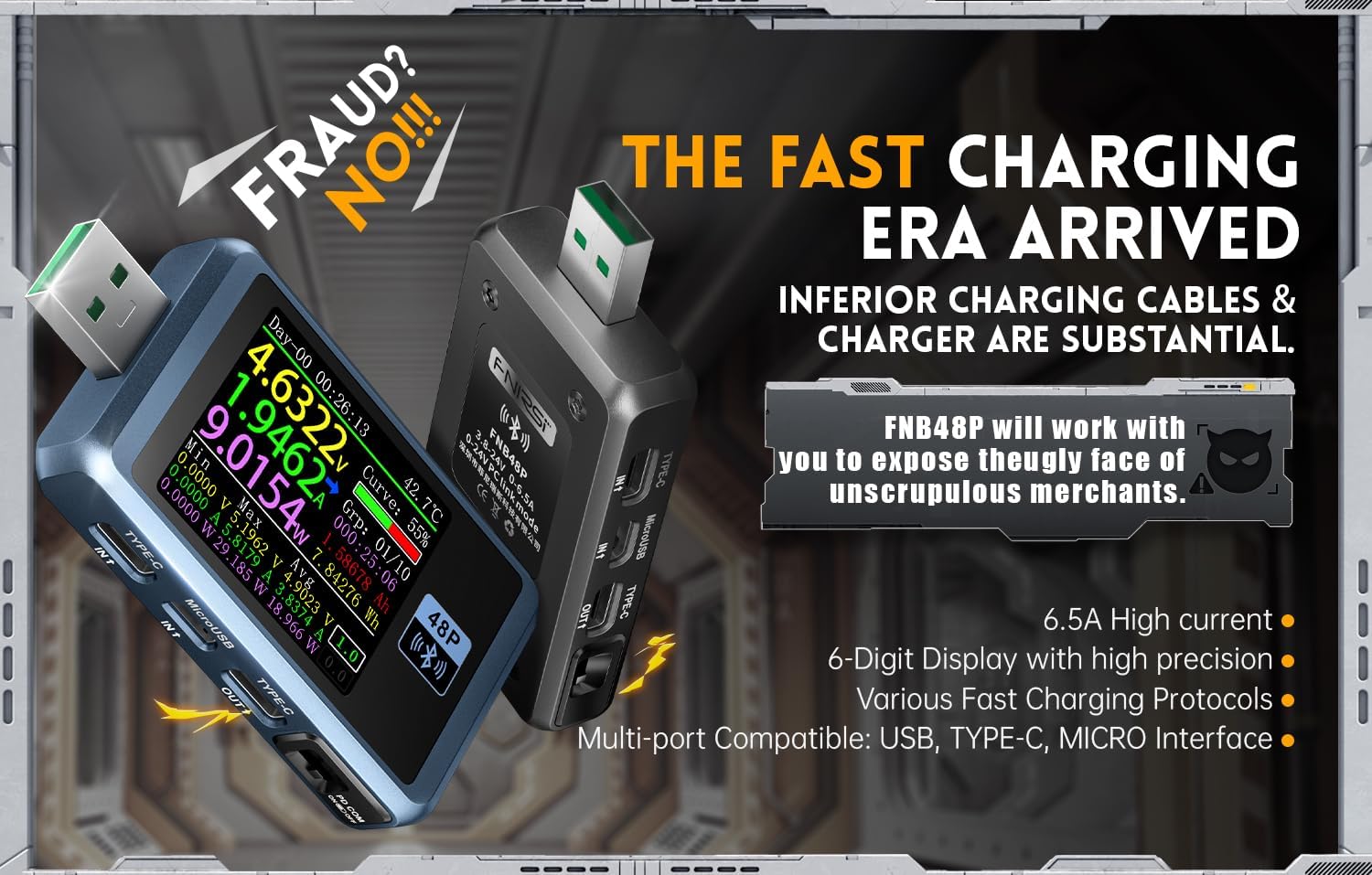 Fnirsi USB Tester Détection de charge FNB48P USB testeur Voltmètre Ampèremètre TYPE-C Détection de charge rapide Trigger Capacity Ripple Measurement with CNC Metal Shell(FNB48P sans Bluetooth)