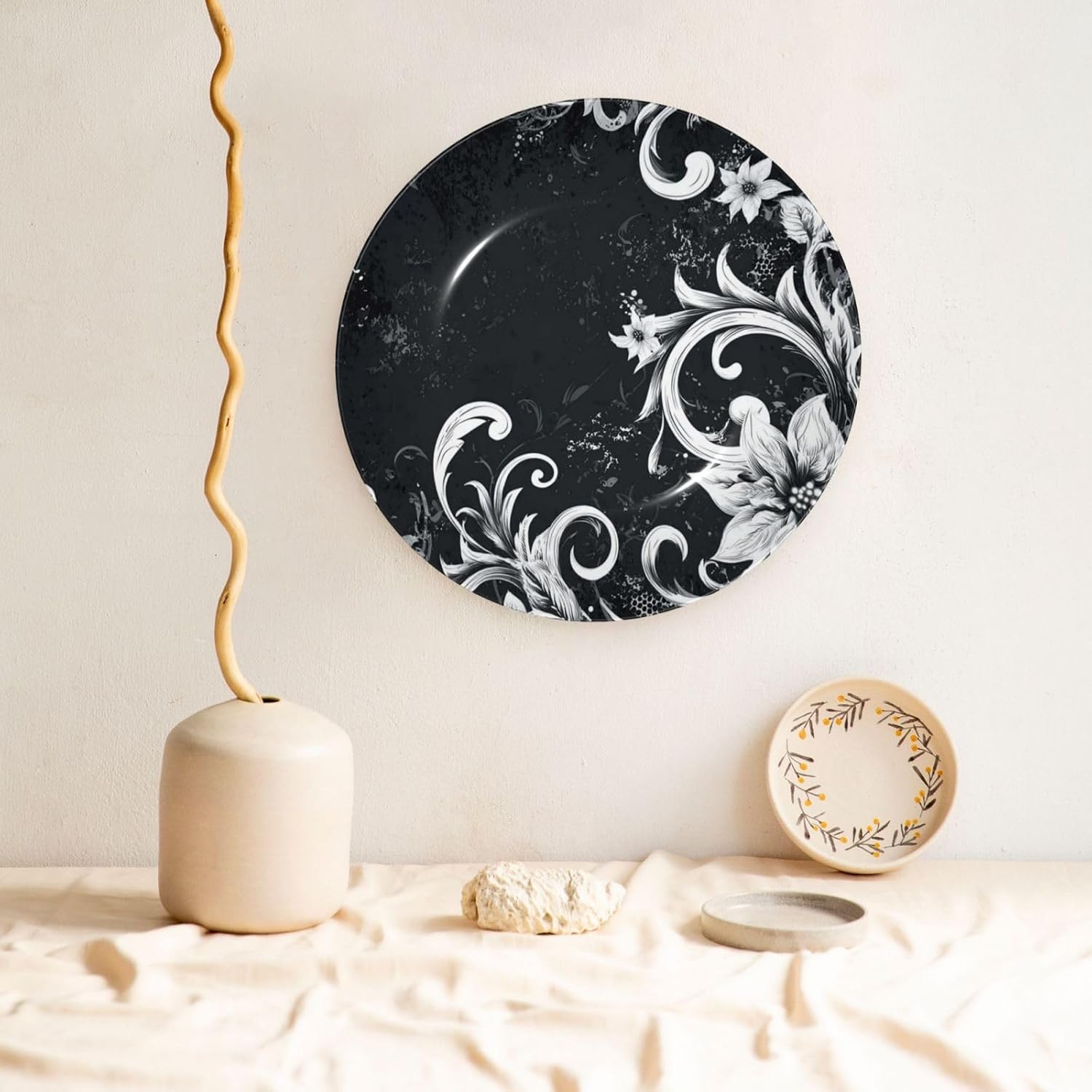 Decorative Plate 10in Bone China Dessert Plates with Display Stand Ceramic Ornament Ceramic Boho Abstract Flowers Decorative Plates Art Crafts Porcelain Plate for Home Club Living Room