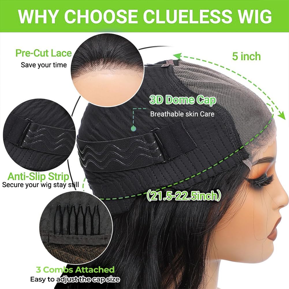 5x5 Body Wave Closure Wig Human Hair Pre Plucked Pre Cut 180% Density Wigs Human Hair Glueless Wear and Go Body Wave Lace Closure Wig 24 Inch