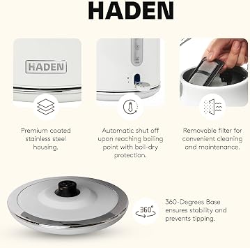 HADEN Coffee Machine, 12 Cup Drip Coffee Maker Bundled with Heritage 1.7 Liter Stainless Steel Electric Kettle, Ivory & Chrome