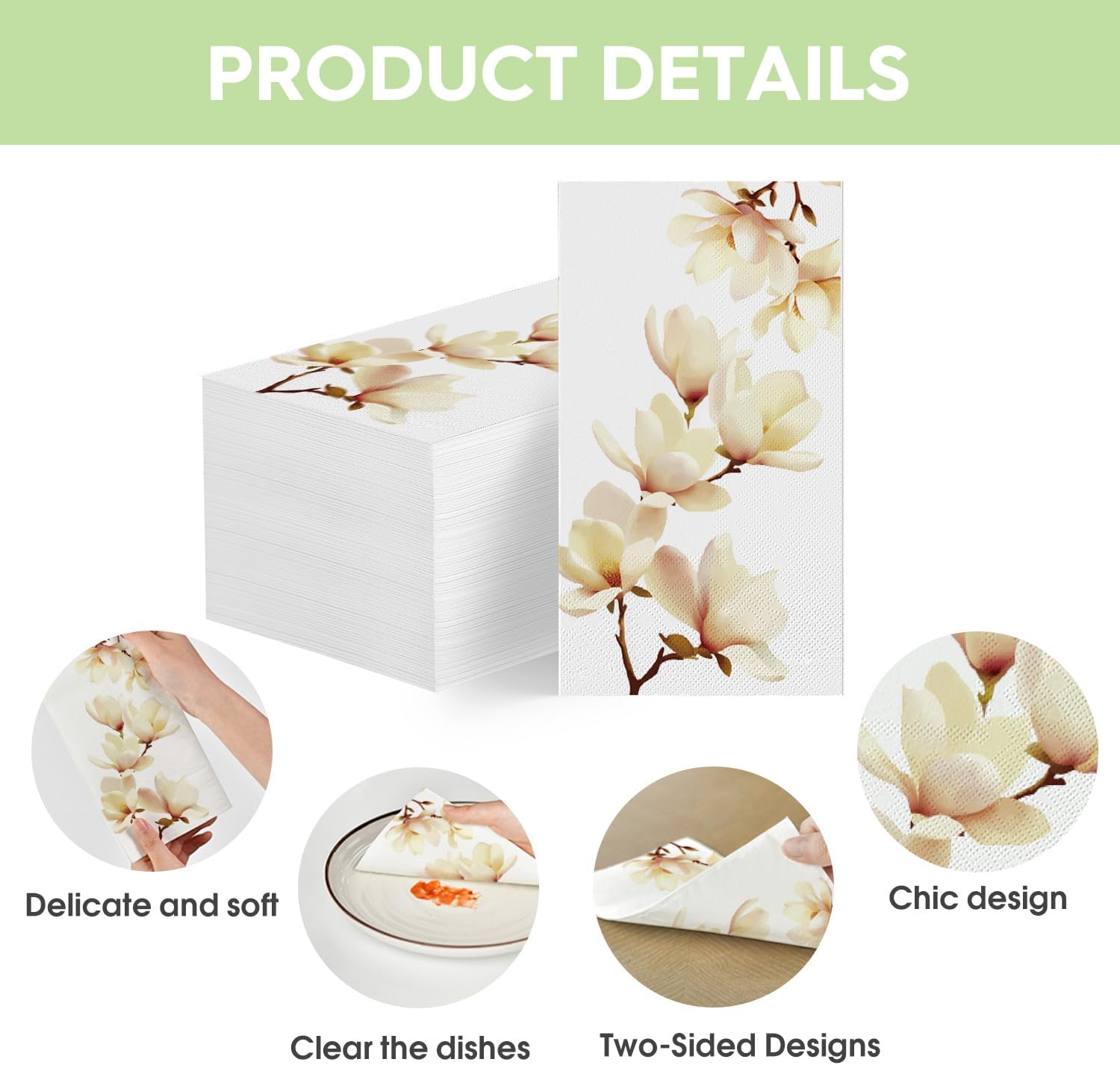 Horaldaily 100 Disposable Paper Decorative Guest Napkins, Spring Summer Magnolia Grandiflora Hand Towel for Party Lunch Dinner Kitchen Bathroom