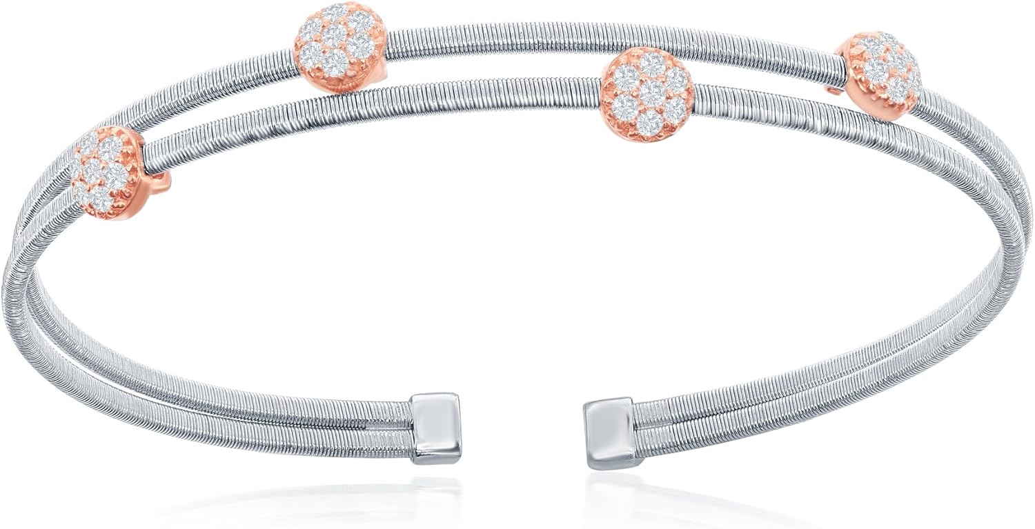 Sterling Silver Italian Double Wire Design with 14K Rose Gold over Silver, Set with CZ Bangle