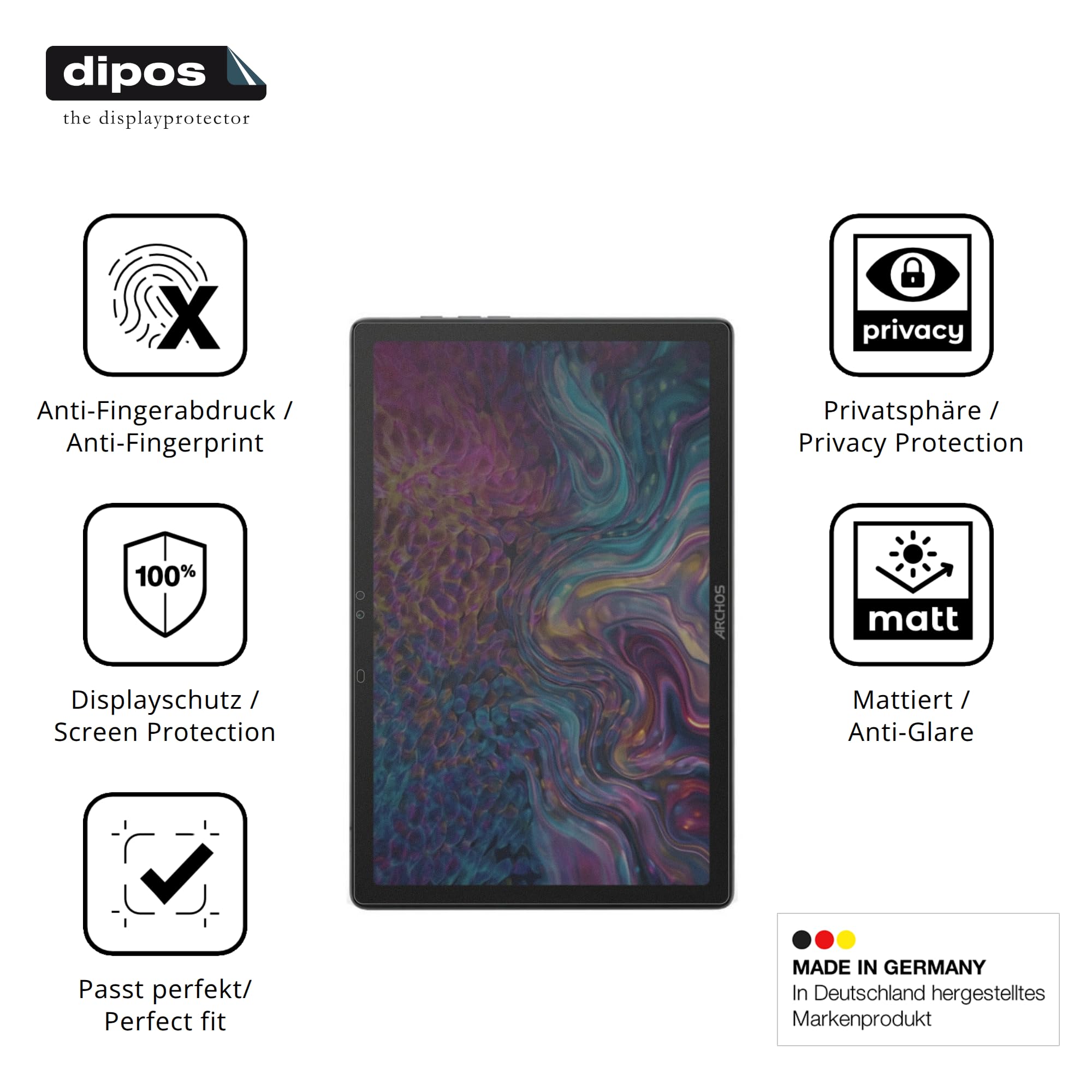 dipos Protector de Pantalla Antiespía para Archos T105 FHD 4G Ultra | Película protectora mate, filtro de privacidad 4 vías, ajuste perfecto, antiarañazos, sin burbujas, autoadhesivo