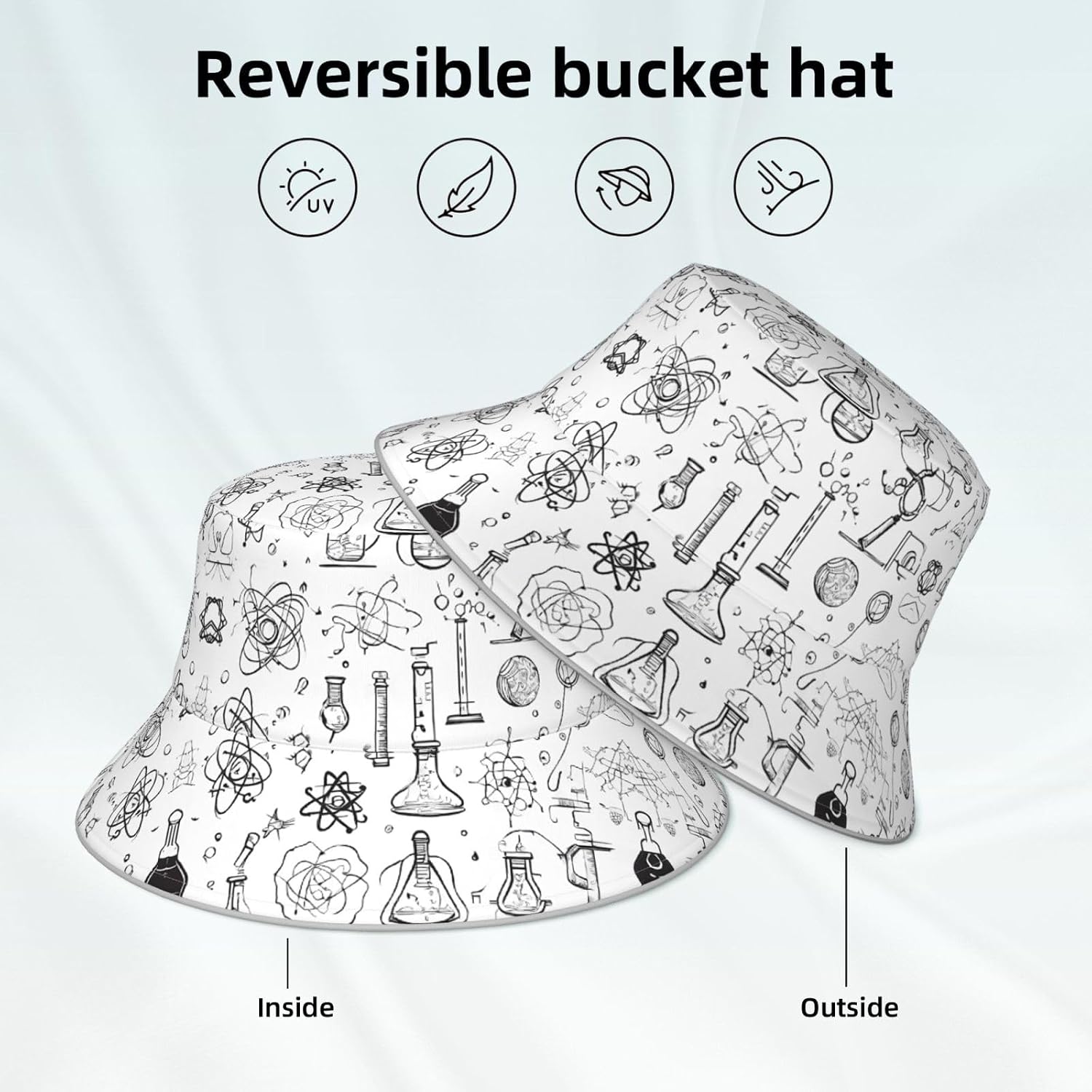 (Chemistry Print) Reflective Reversible Bucket Hat Foldable Breathable Stylish Two-Way Wear for Outdoor Travel Daily Activities Black