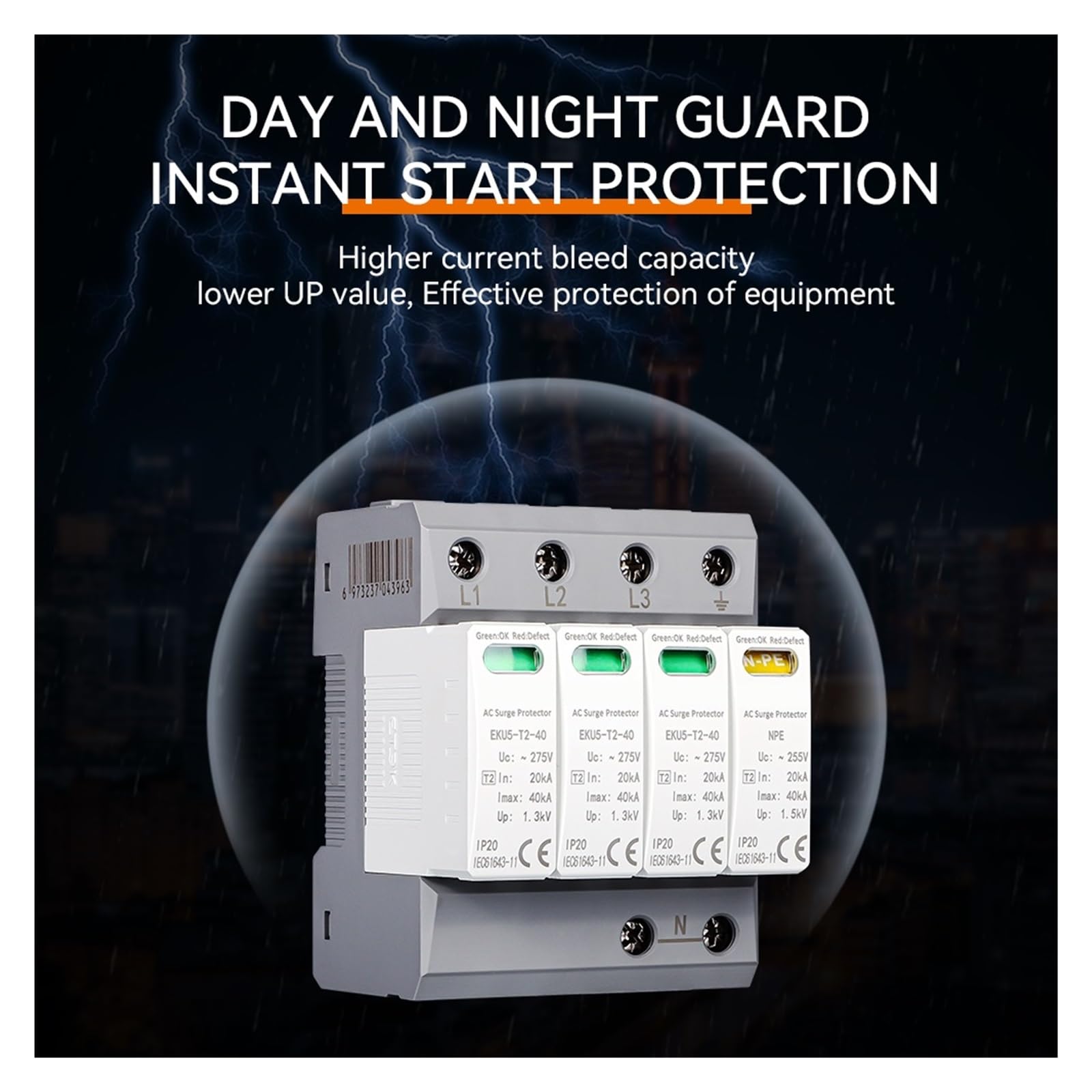 dispositivos de protección contra sobretensiones Dispositivo de protección contra sobretensiones doméstico, pararrayos, tipo de protección T2 SPD AC 4P 20KA ~ 40KA 3P + NPE 275V EKU5-T2-40-3PN275