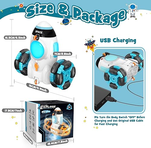 Miniatura 6 de FunforFun! Coches de control remoto para niños de 3 a 7 años, cohete espacial y acrobacias musicales, auto de control remoto para niños de 4, 5, 6,