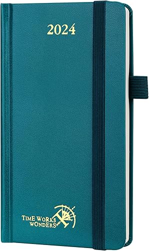 POPRUN Calendario de bolsillo 2024 semanal y mensual para bolso de 3.5 x 6.5 pulgadas, agenda pequeña de tapa dura 2024 con cierre elástico, soporte
