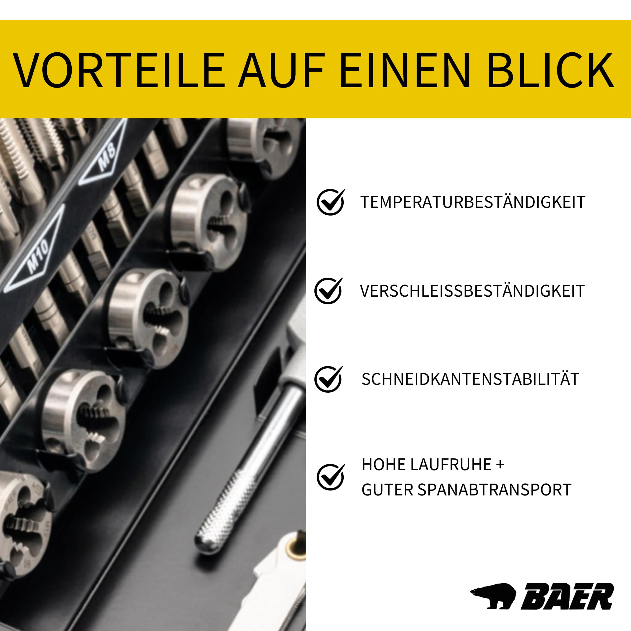BAER Gewindeschneider Set M3-M12 HSS-G | Gewindeschneidsatz Gewindebohrer & Schneideisen | Innen- und Außengewinde schneiden | Windeisen & Schneideisenhalter | Metallkassette