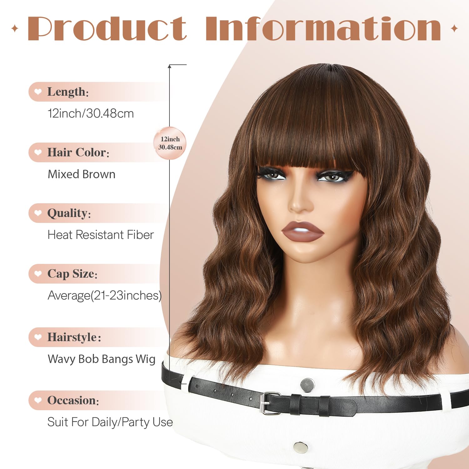 WIGNEE Krótka Falowana Peruka Bob Z Grzywką Naturalne Loki Damskie | Ombre Blond Z Pasemkami, Bezklejowe Syntetyczne Włosy Odporne Na Gorąco, 12 Cali