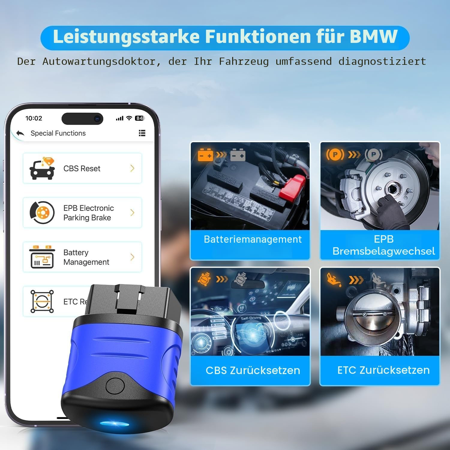 AUTOPHIX OBD2 Bluetooth Adapter, Auto Diagnosegerät Check Motor ABS SRS Getriebe Drahtlose Auto Auslesegerät Fehlercode Lesegerät mit Batterie Test Exklusive APP für iPhone und Android (Blau)