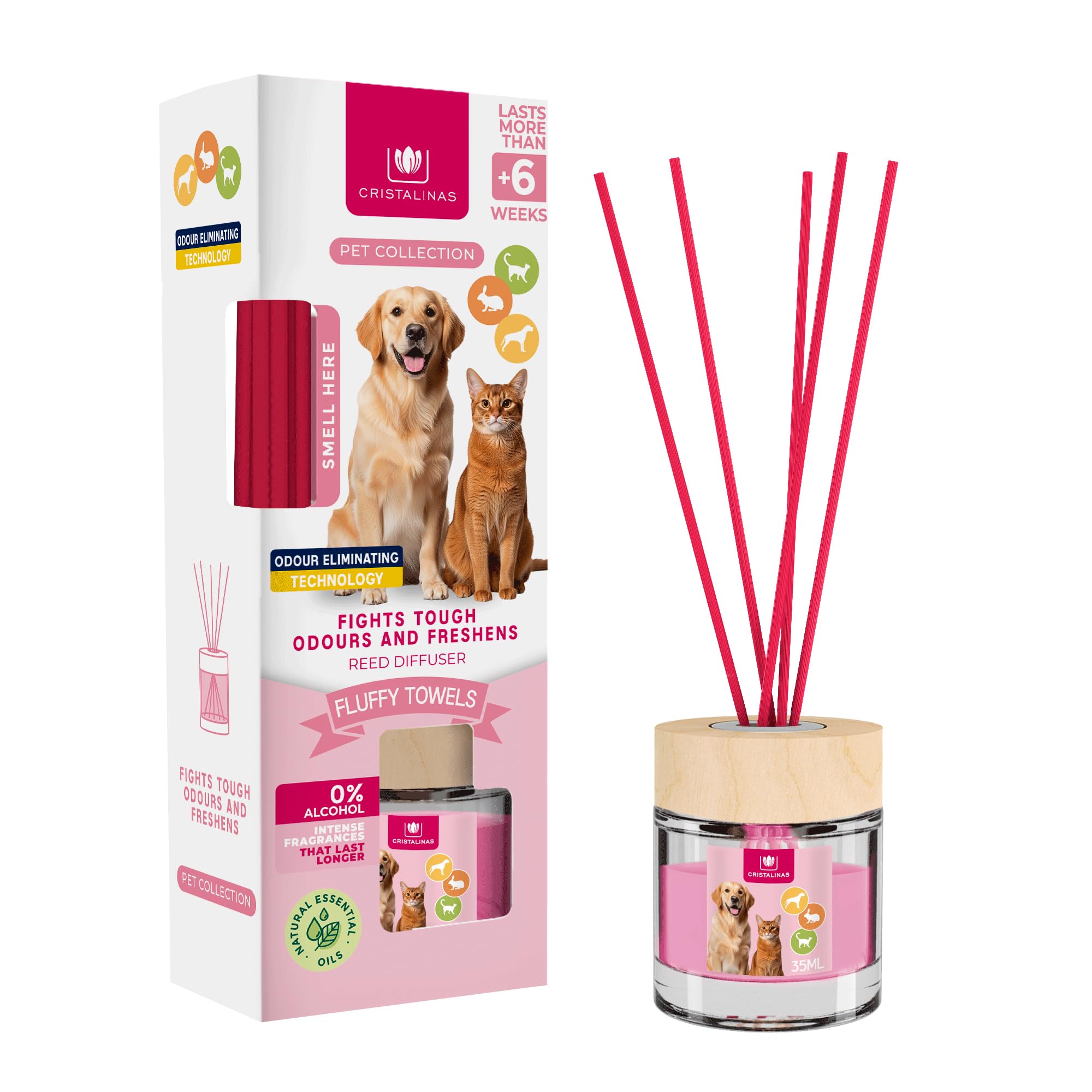 CRISTALINAS Pet Odour Remover Reed Diffuser - Fluffy Towels Scent Air Freshener - 35ml Home Air Fresheners - Long Lasting Continuous Home Fragrance Up To 6 weeks - Reed Diffusers with Essential Oils