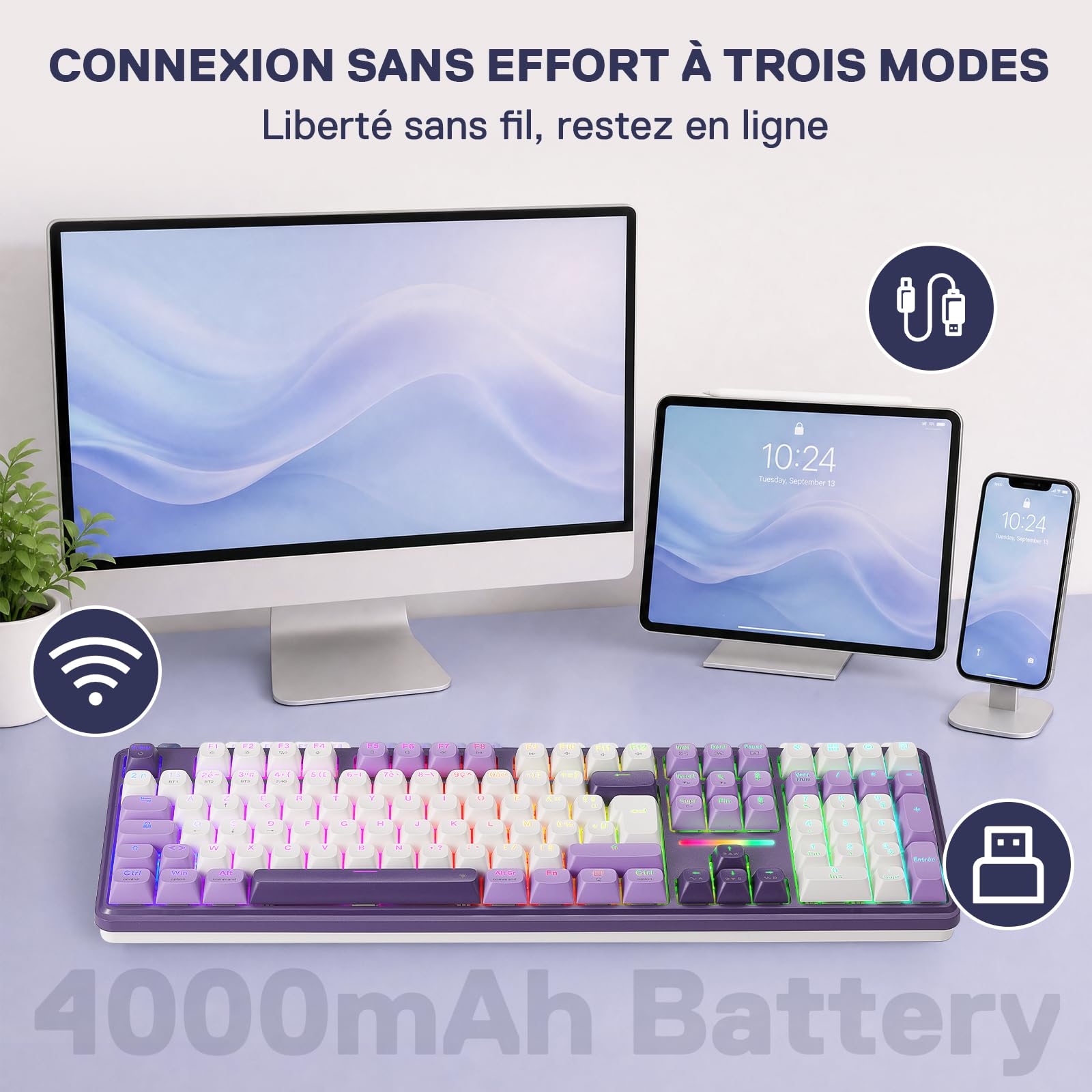 Redragon K745 Pro Clavier Mécanique sans Fil 3 Modes RGB AZERTY FR, 105+4 Touches, 4 Macros, Hot-Swap, Amortissement 5 Couches, Touches PBT Translucides, Switch Linéaire Yolk