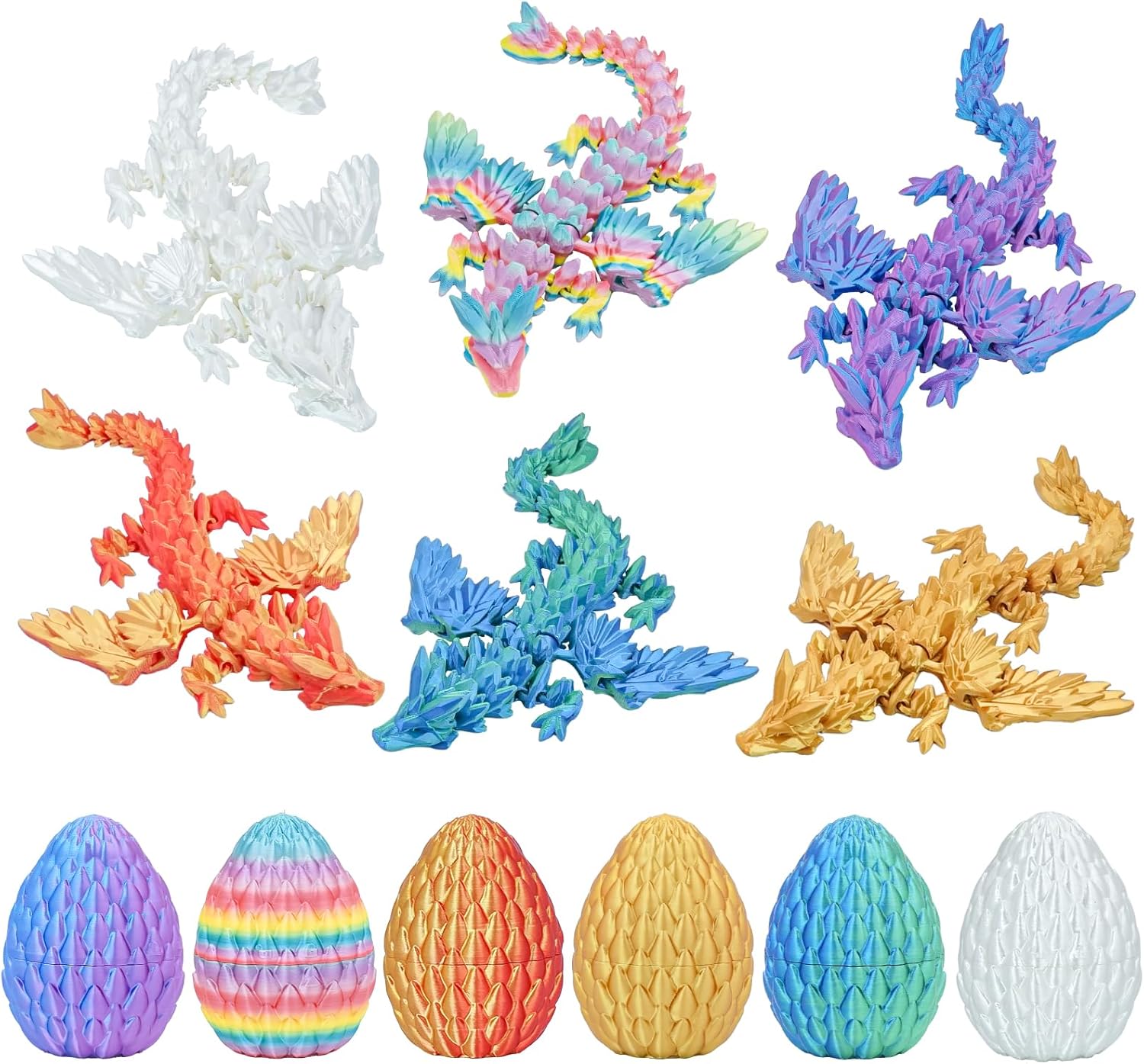 Dragon Eggs Gift Set with Surprise Mini Winged Dragon Inside 3D Printed Articulated Crystal Toy Easter Eggs Fun Toy Christmas Basket Stuffers Gift for Kids Boys and Girls(6PCS Crystal Glimmer)