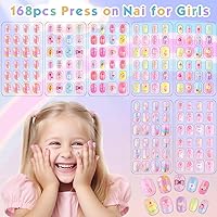 Vista 2 de Shynek Uñas Postizas para Niñas, 168 Piezas de Uñas Postizas Infantiles con Adhesivo Pre-Pegado, Juego de Uñas Postizas de Cubierta Completa