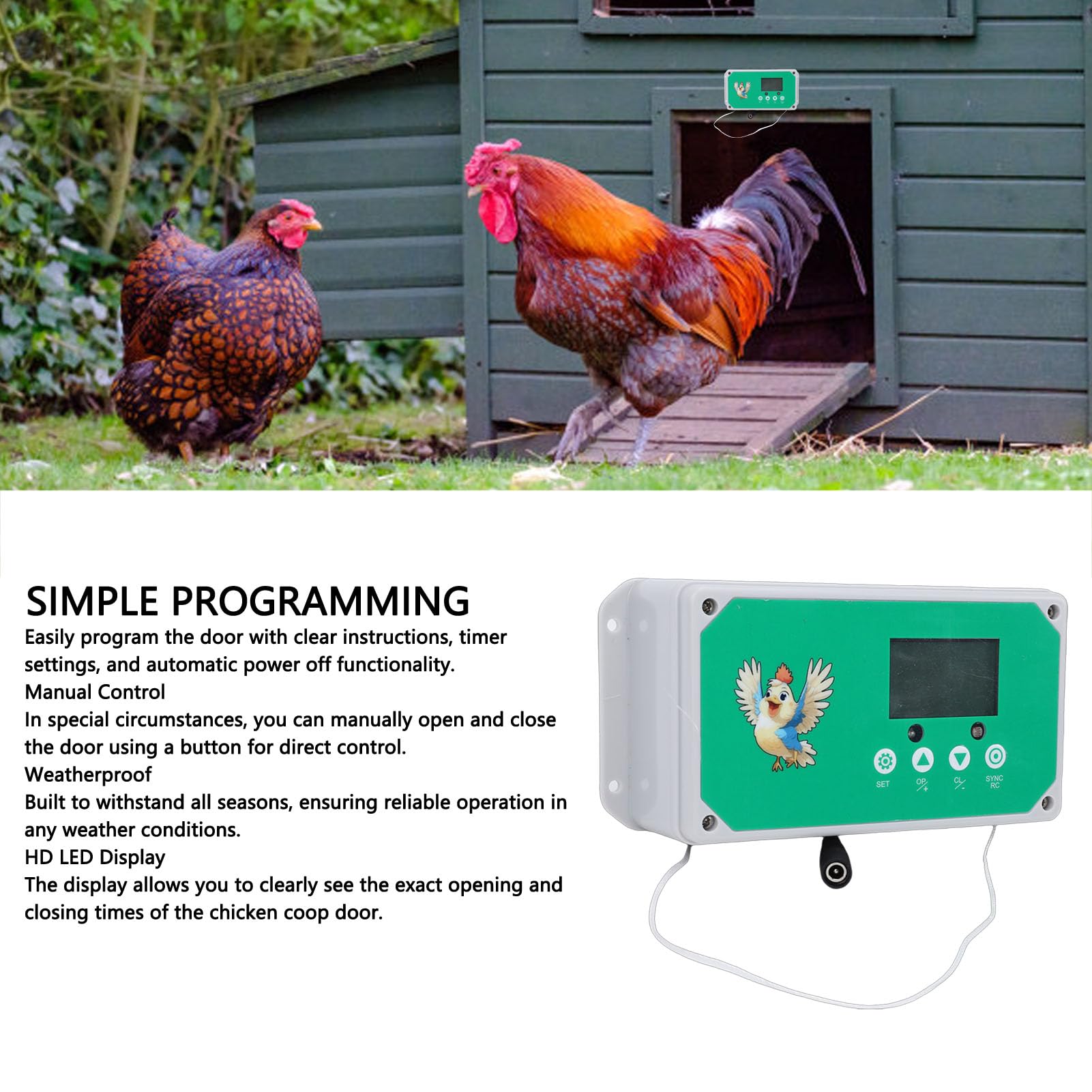 SIXRUN Automatischer Hühnerstall-Türcontroller, Programmierbarer Timer mit Fernbedienung 50m, 4kg, EU-Stecker 100-240V