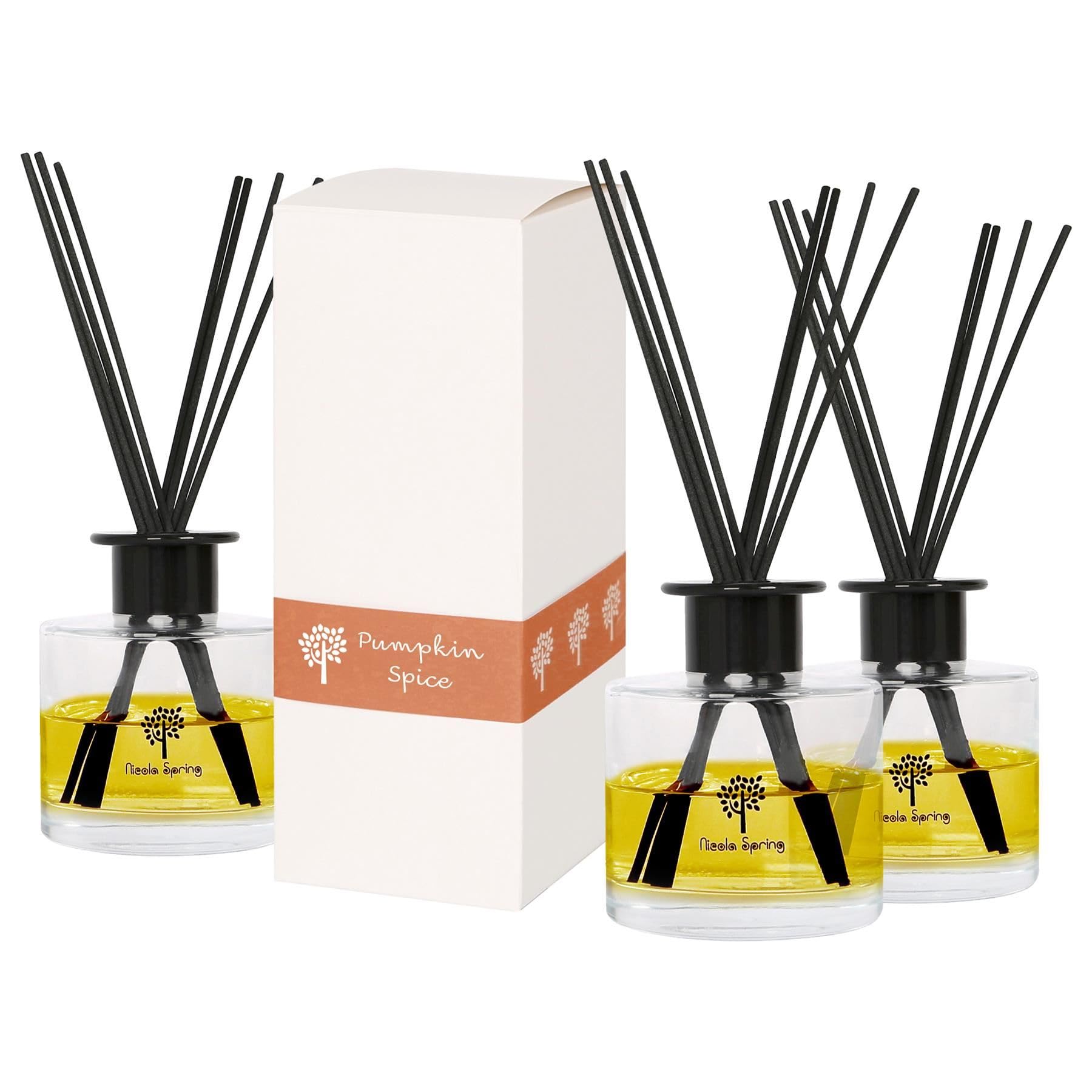 Nicola Spring Glass Reed Diffusers - 200ml - Pumpkin Spice - 3x Home Décor Bathroom Bedroom Room Essential Oil Air Freshener with Scented Sticks 60 Day Fragrance