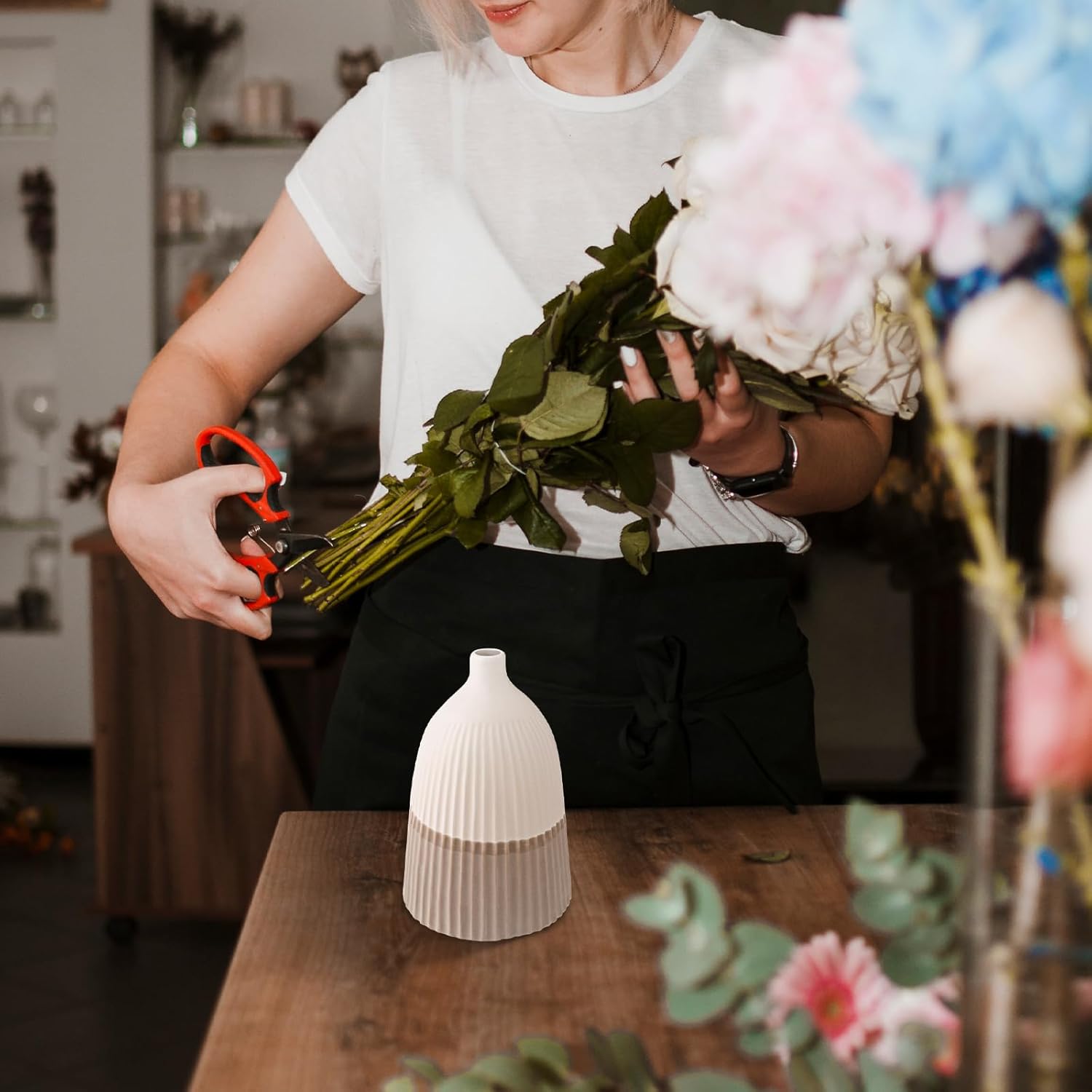 Ceramic Vases for Decor - Decorative Vases for Home Decor 7 Inches, Boho Style Home Table Living Room Farmhouse Decor for Fresh Flowers, Dried Flowers - White and Brown