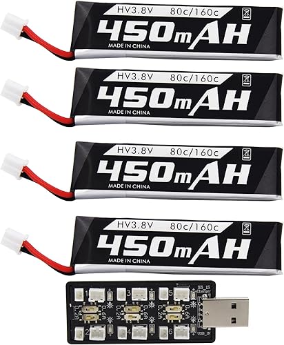 Blomiky Paquete de 4 baterías Lipo 1S 3.8V 450mAh 80C con enchufe PH2.0 compatible con S Free Style RC Quadopter Drone  F4 Batería 4