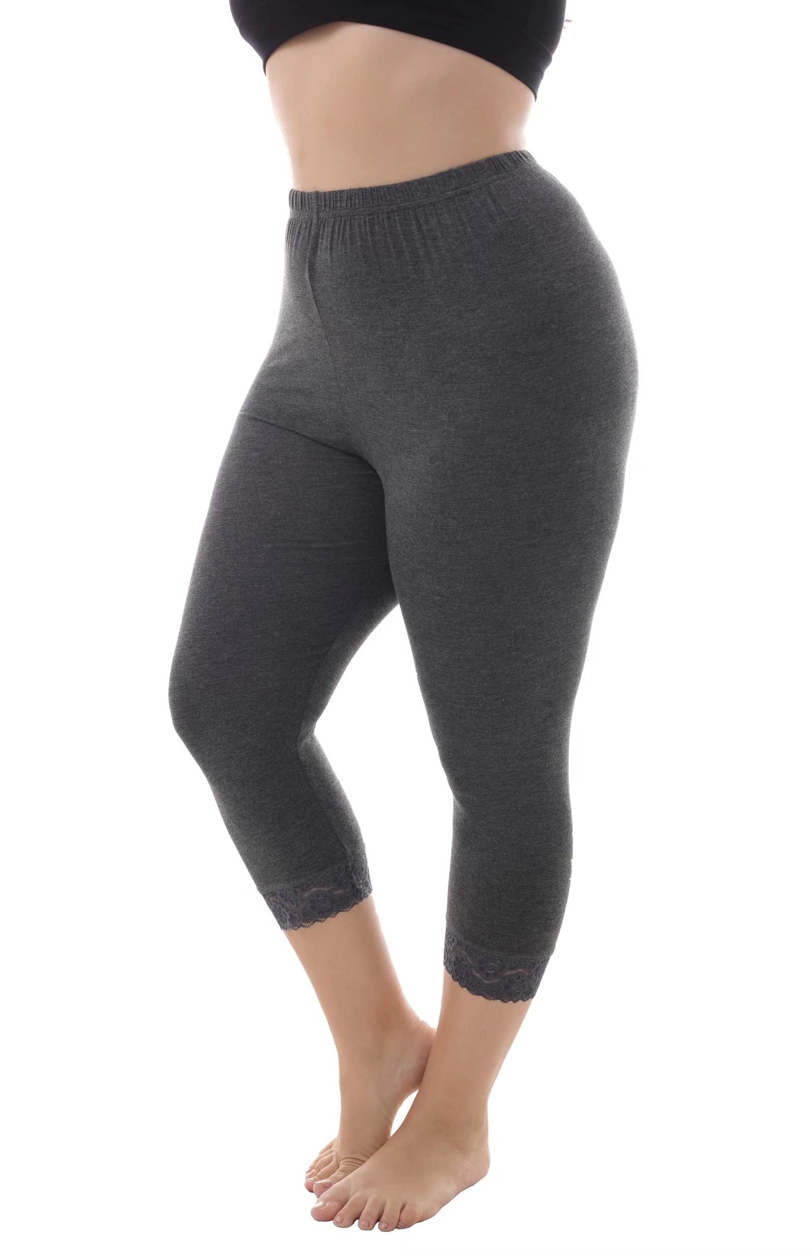 Zerdocean Women's Plus Size Modal Basic Capri Leggings with Hem Lace Trim