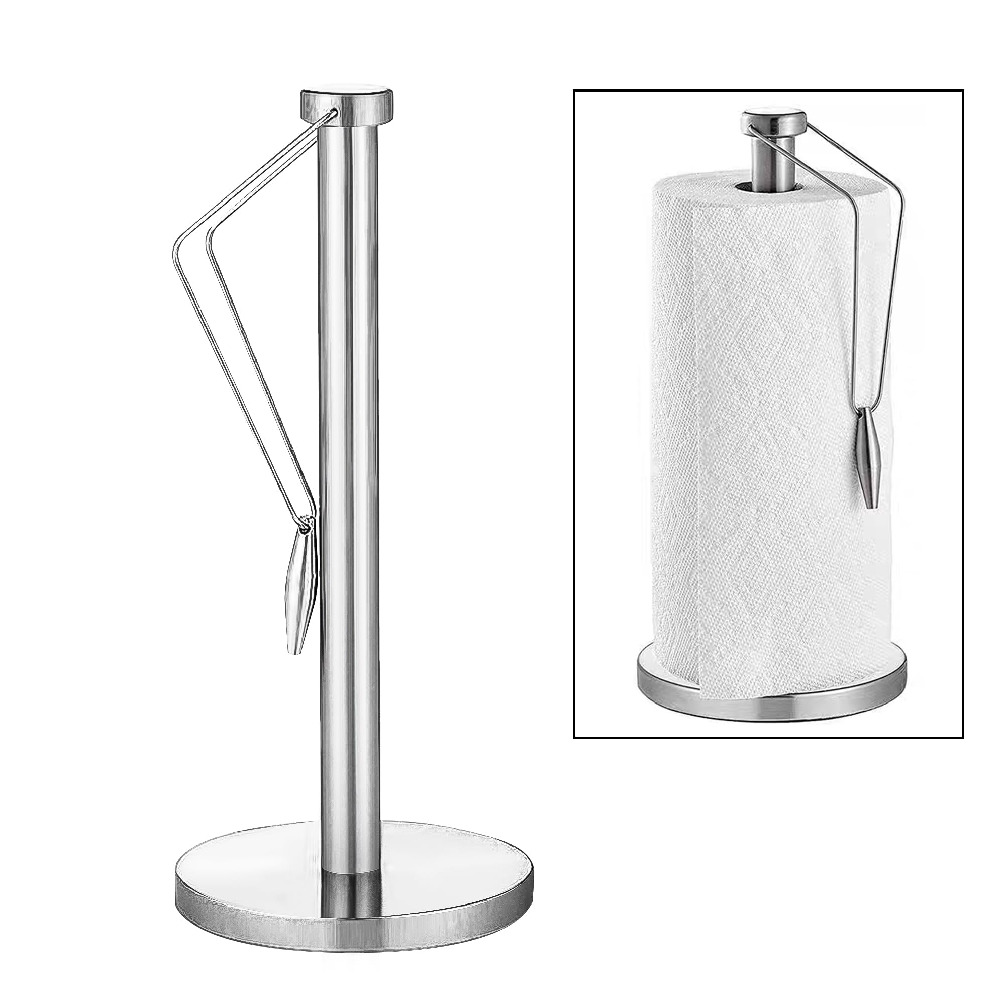 YKUKIZEE Stainless Steel Kitchen Roll Paper Towel Holders Free Standing, No Drilling Paper Towel Holder with Tension Arm, Non-Slip Dispenser Kitchen Towel Holders Vertical for Dining Table Countertop