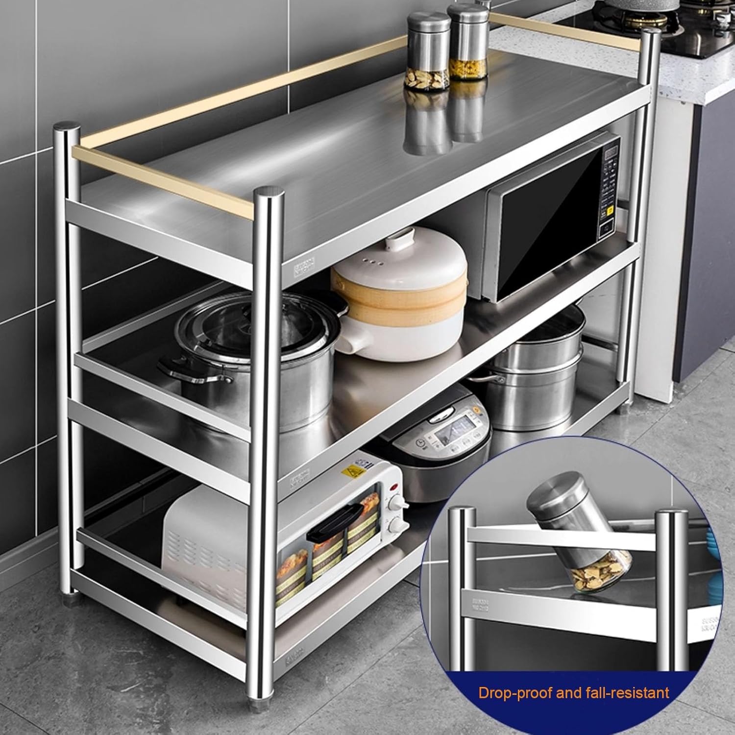 Three-Tier Stainless Steel Workbench with Guardrails Floor-Standing Worktable Platform Open Storage Shelves Adjustable Shelves Metal Packing Table Packing Countertop(70x30x100cm/27.6x11.8x39.4”)