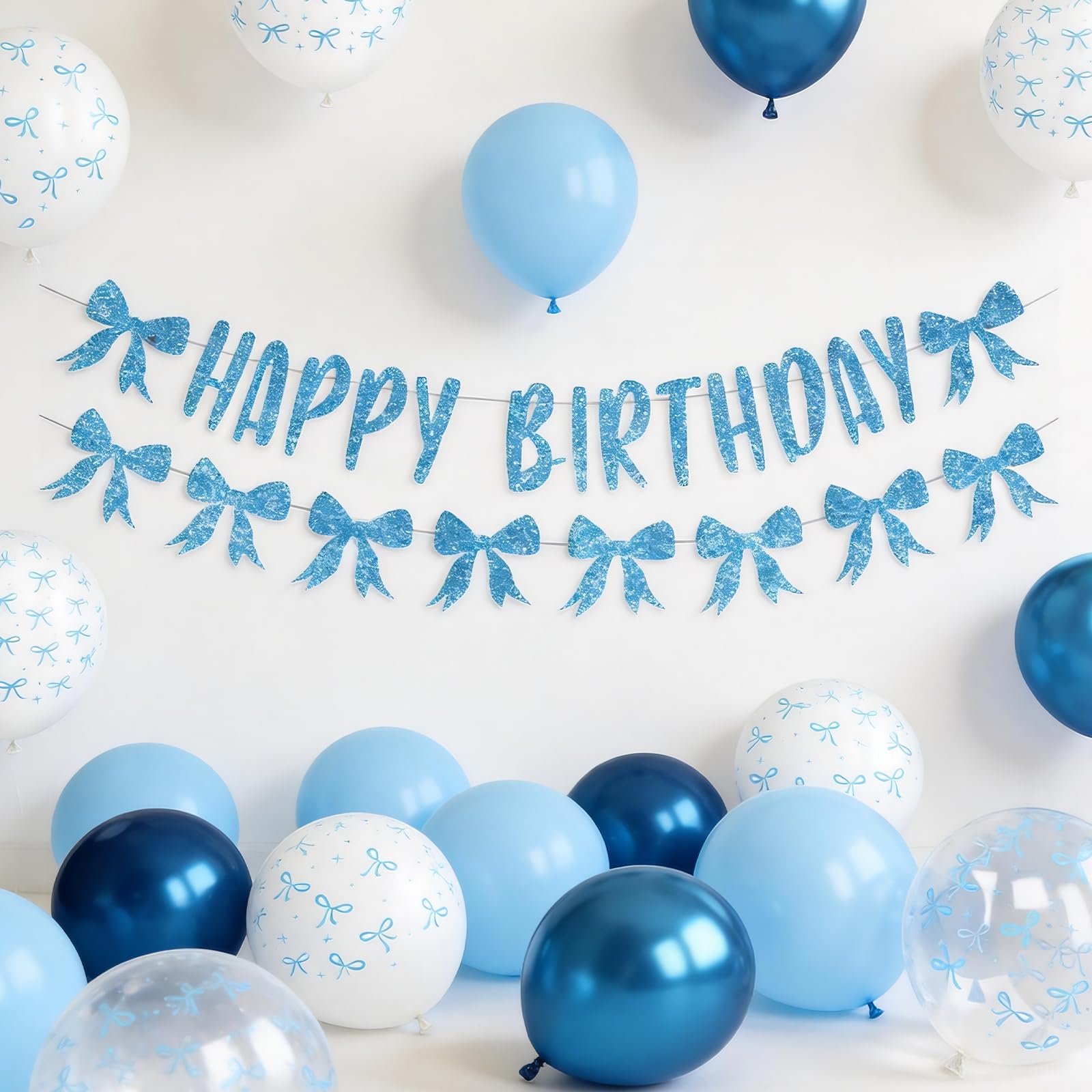 32PCS Blue and White Bow Banner & Balloon Set for Birthday