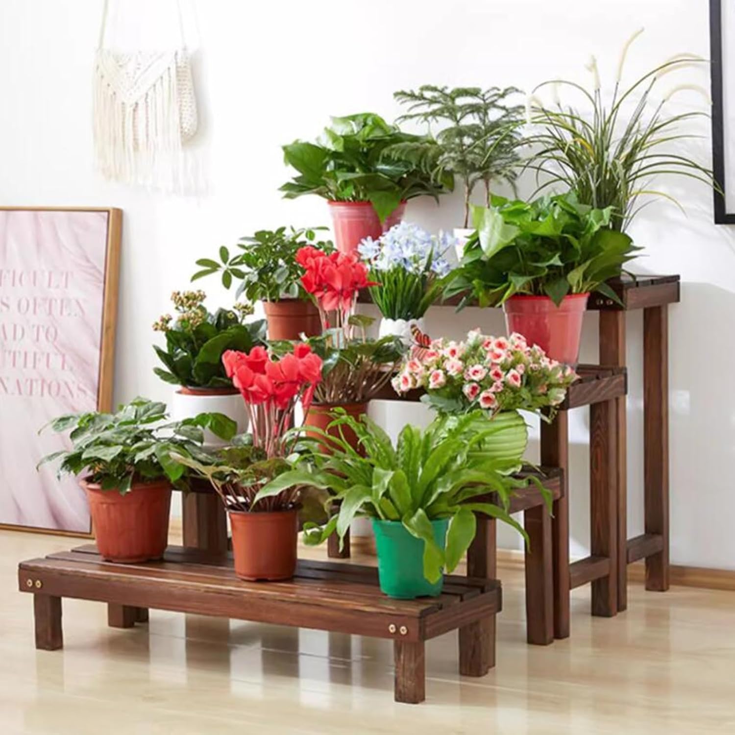 Wooden Flower Pot Organizer Rack – Long Storage Bench with Shelves for Indoor/Outdoor Plants, Gardening & Home Decor(100 * 25 * 12cm)