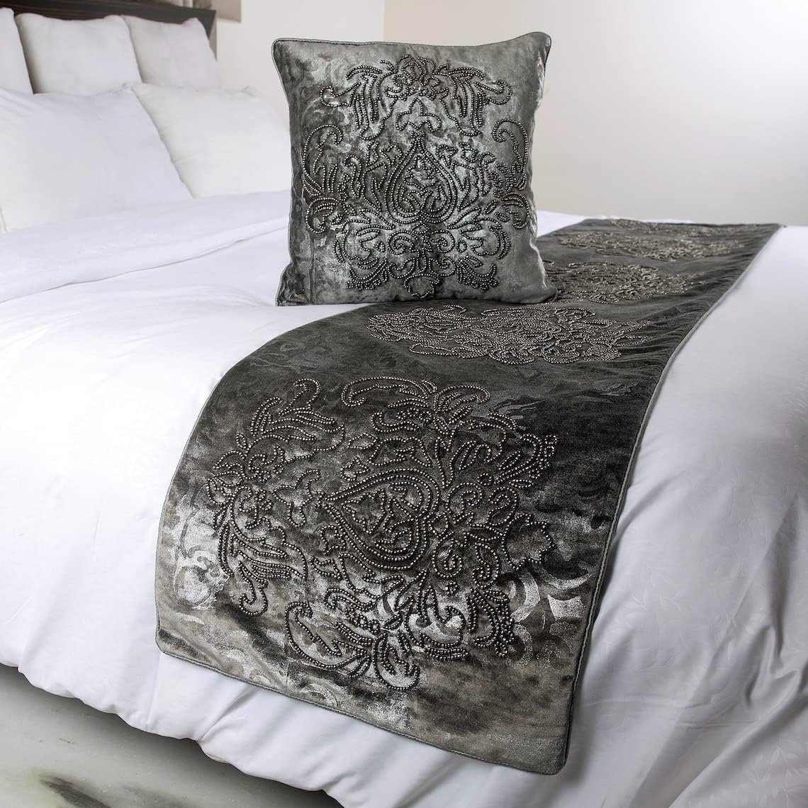 The HomeCentric Decorative Designer Handmade Bed Runner Without Pillow Cover, 53 x 18 Inch Damask Designer Twin Size Bed Scarf in Foil Velvet and Embroidery Bed Linen Foot Warmer Home - Foil Damask