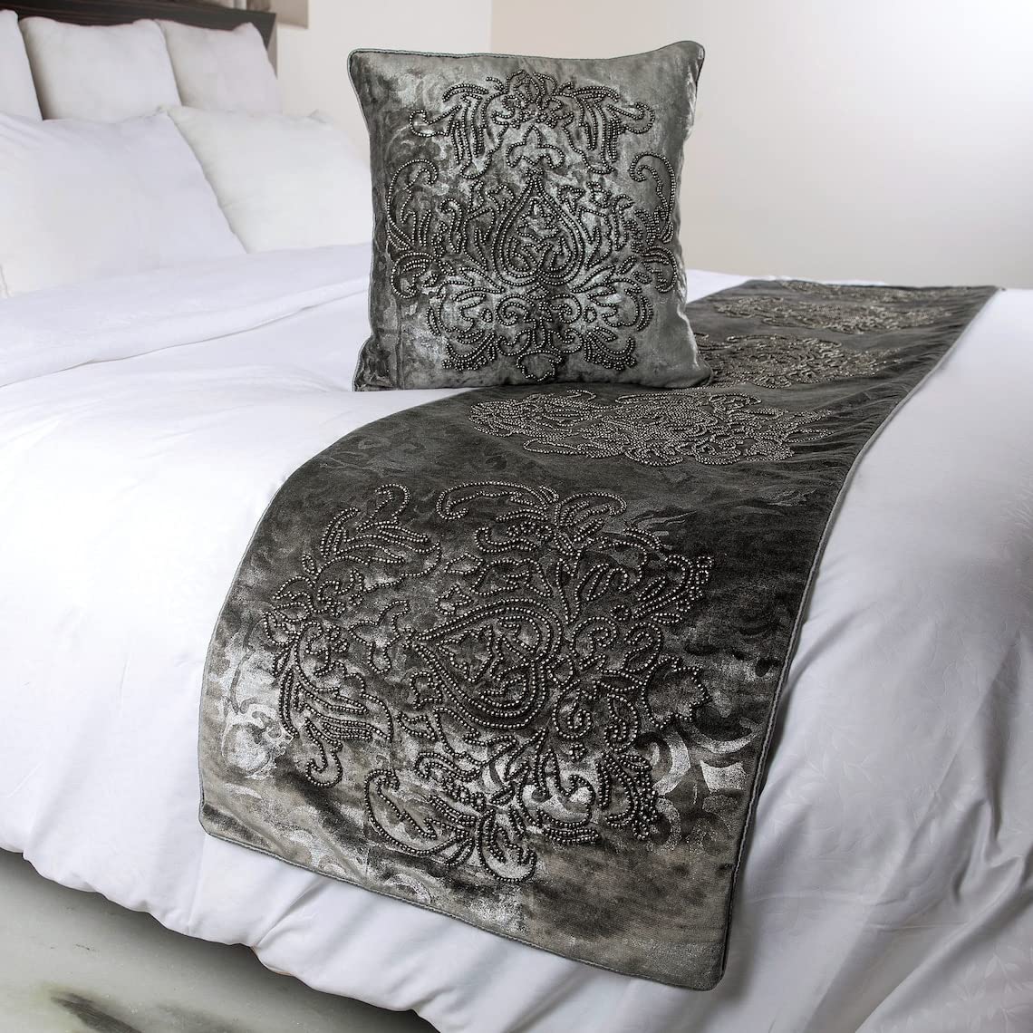 The HomeCentric Dekorativer handgefertigt Grau Samt König 225 x 45 cm Bettläufer mit Kissenbezug, Damastfolie Samt und Stickerei Samt Bettwäsche Fußwärmer Zuhause wohnen - Foil Damask
