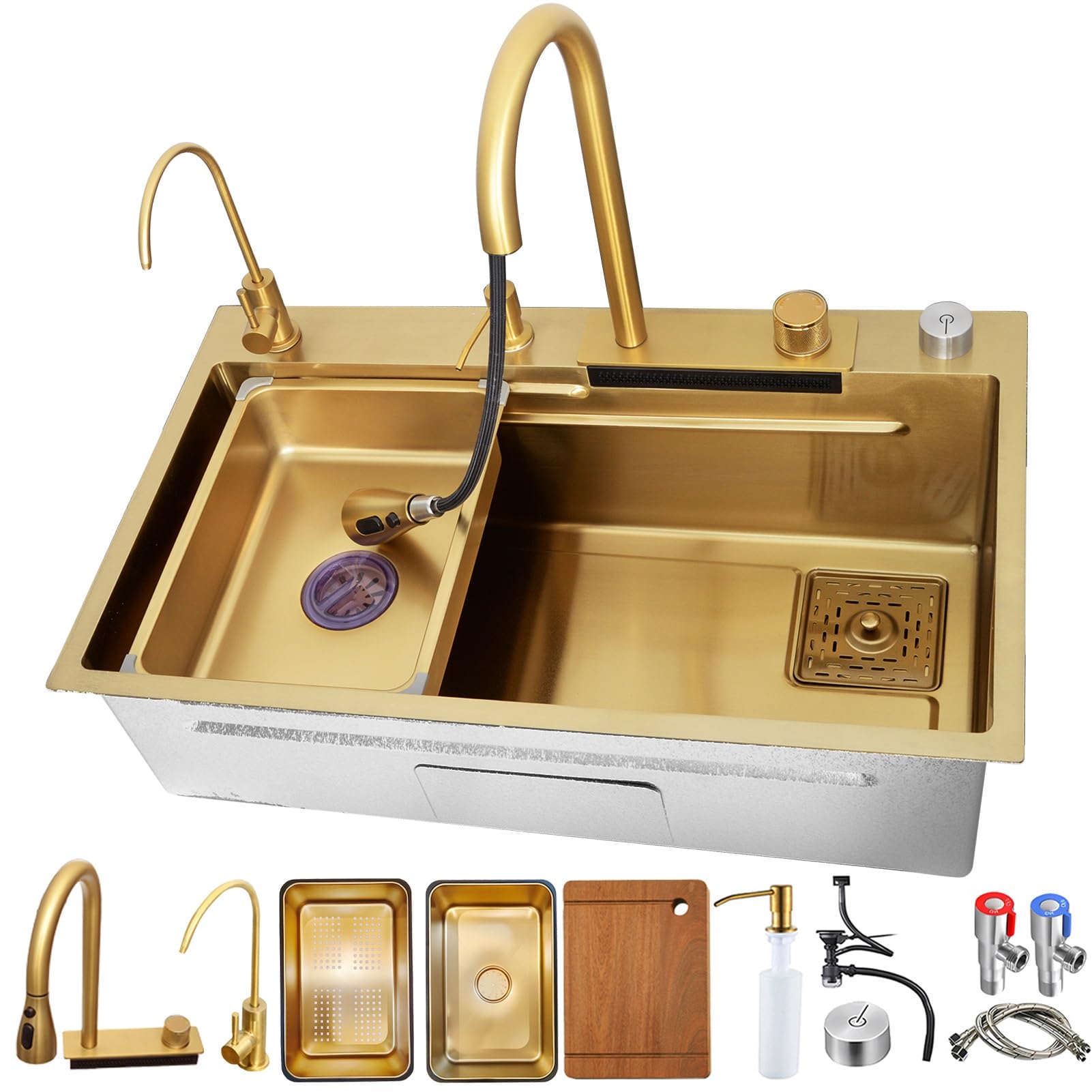 HYSOPSPX Single Bowl Sink Stainless Steel, Waterfall Workstation Kitchen Sink, Home Utility Multifunctional Farmhouse(Gold,68x45cm)