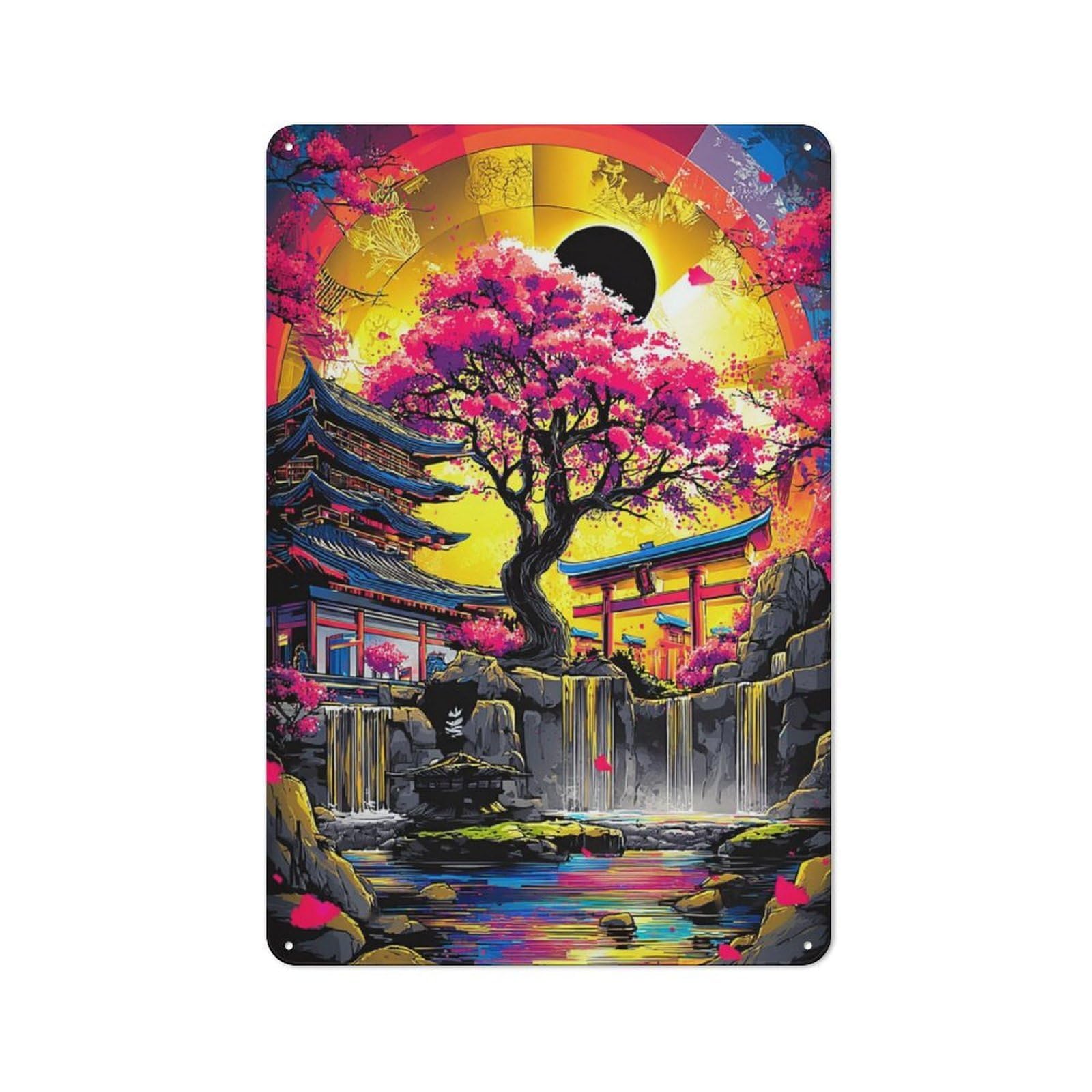 Junmoney Cherry Blossom Zen Garden -3 Metal Wall Sign 30X20cm Featuring For Café Or Restaurant, A Decorative Metal Sign For Cafés And Restaurants
