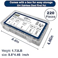 Vista 9 de Kit surtido de tuercas remachables SAE (220 piezas), #8-32#10-24 1/4"-20 5/16"-18 3/8"-16, Juego de tuercas remachables de acero inoxidable 304