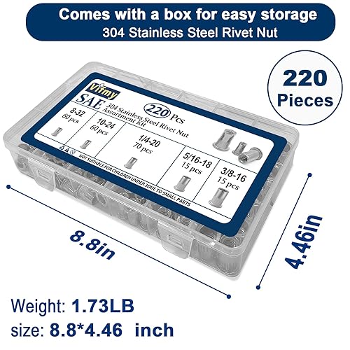 Miniatura 9 de Vifmy - Kit surtido de tuercas remachables SAE (220 piezas), #8-32#10-24 14"-20 516"-18 38"-16, Juego de tuercas remachables de acero inoxidable 304