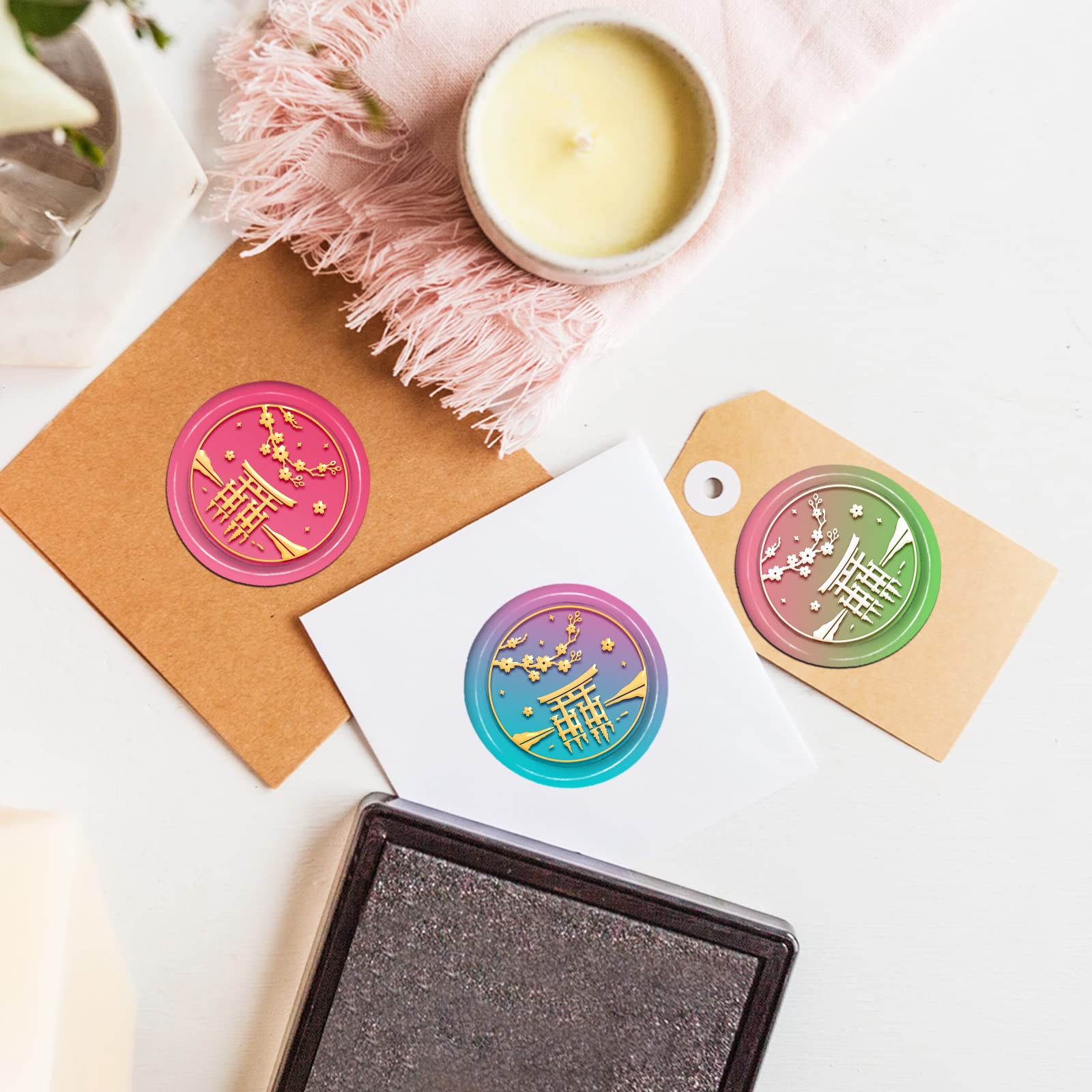 CRASPIRE Cherry Blossoms Wax Seal Stamp Japanese Shrine Sealing Wax Stamp 30mm/1.18inch Removable Brass Head Sealing Stamp with Wooden Handle for Invitations Cards Gift Wrap - Image 4