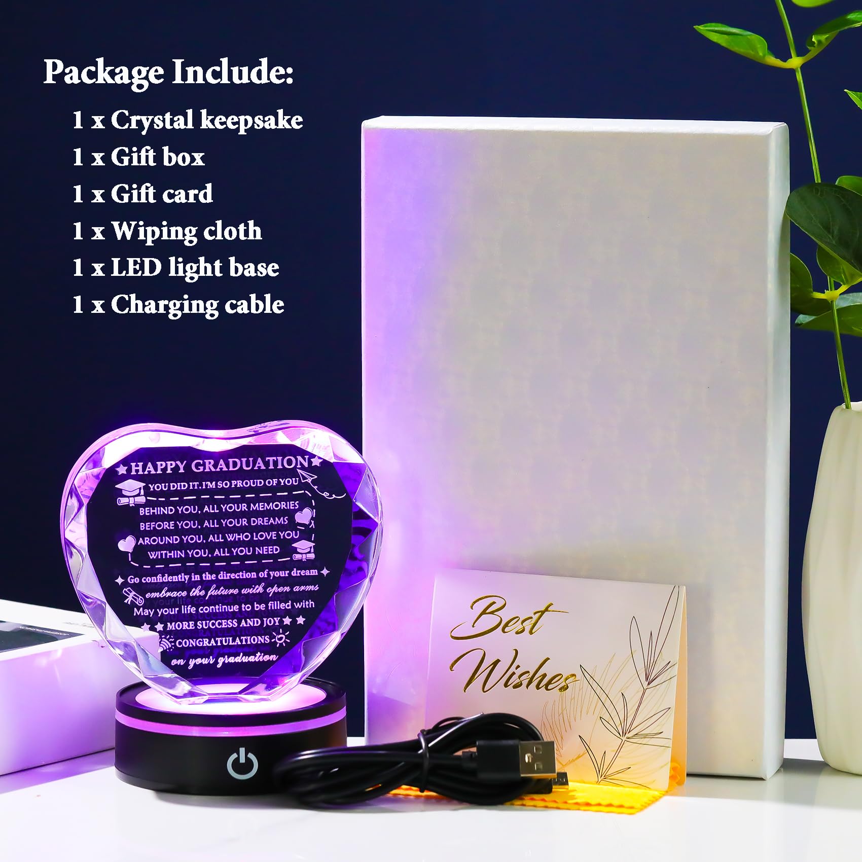 YWHL Geschenk zum Schulabschluss für Sie und Ihn 2024, Glückwunschgeschenk für Damen und Herren, Kristall-Abschluss-Plakette mit bunter LED-Basis, Master-Abschluss-Geschenk