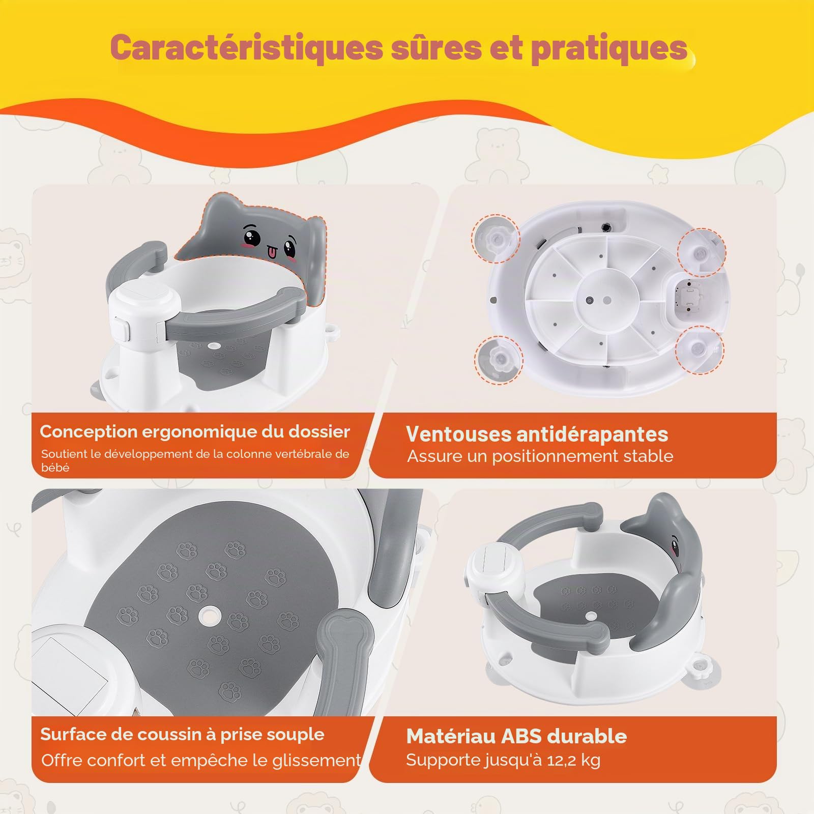 Siège de Bain Bébé Antidérapante 6 Mois+ avec 4 Ventouses