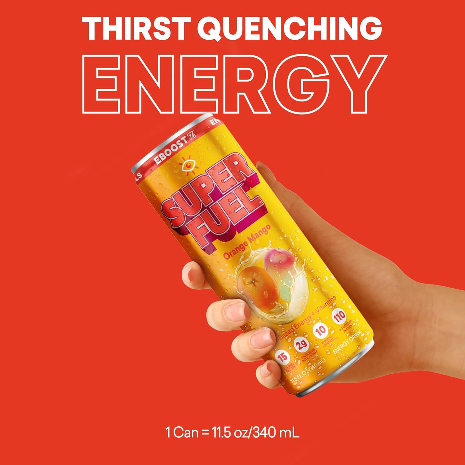 EBOOST SUPER FUEL Healthy Energy Drink - Orange Mango: 12 Healthy Energy Drinks - Focus & Productivity - 110 mg Caffeine + Nootropics, & Electrolytes - No Sucralose, Taurine, Artificial Flavors - Image 7