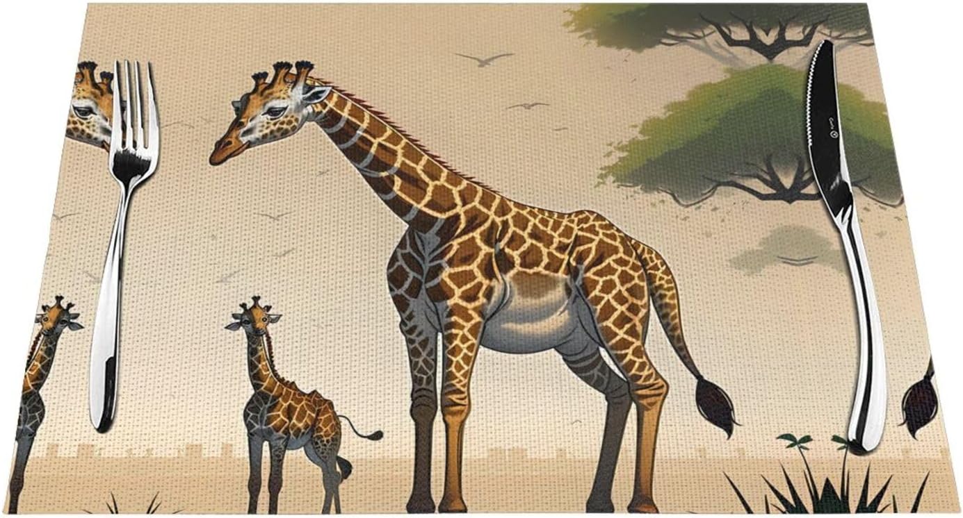 Poezjzwmother and Child Giraffe Place Mats, PVC Table Mats Set of 6 Indoor Placemats Washable Non-Slip Heatproof for Dining Table Fabric