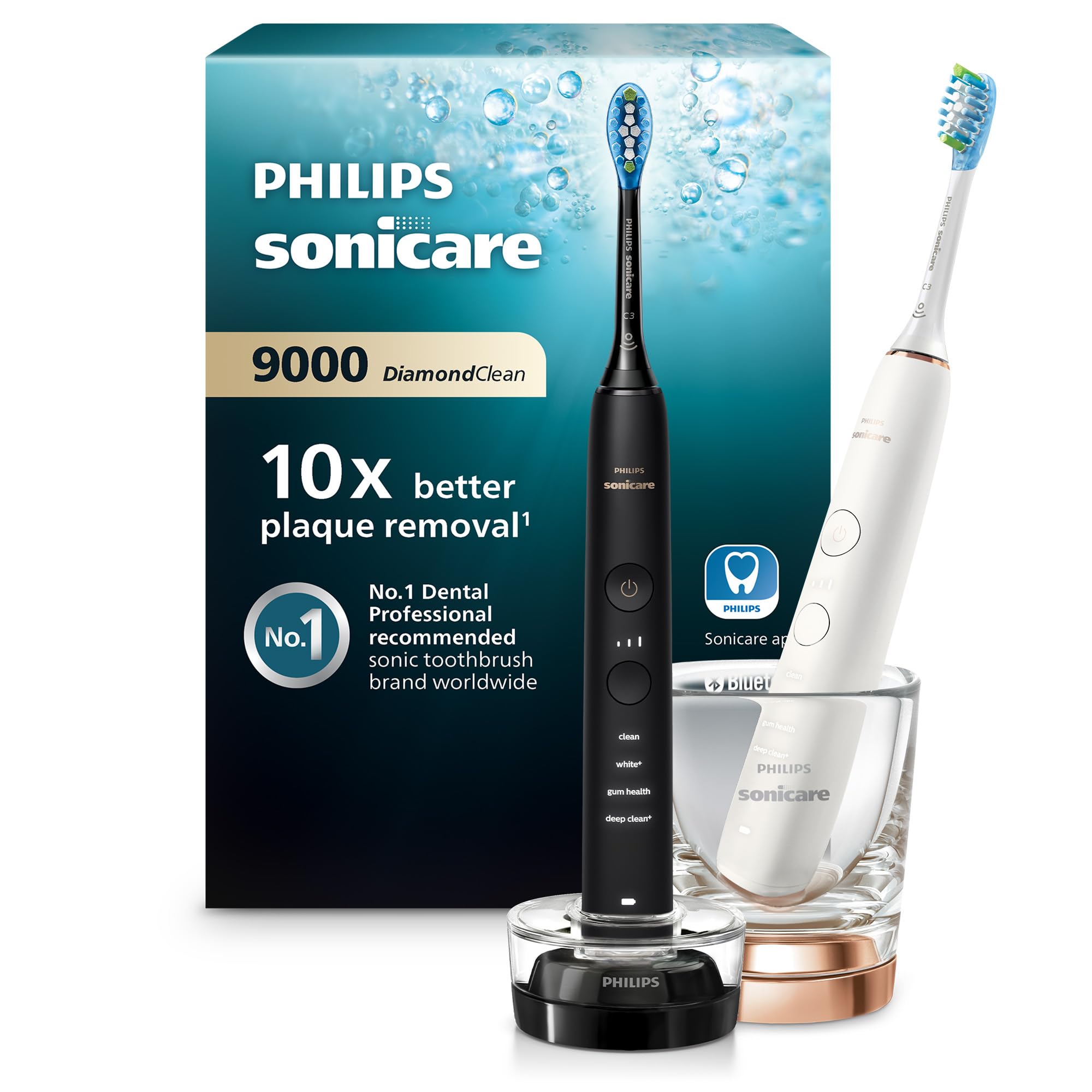 Sonicare DiamondClean 9000 Electric Toothbrush, Sonic Toothbrush with App, Pressure Sensor, 4 Brushing Modes, 3 Intensity Levels, Charging Glass, Black & Rosegold, Dual Pack, Model HX9914/57