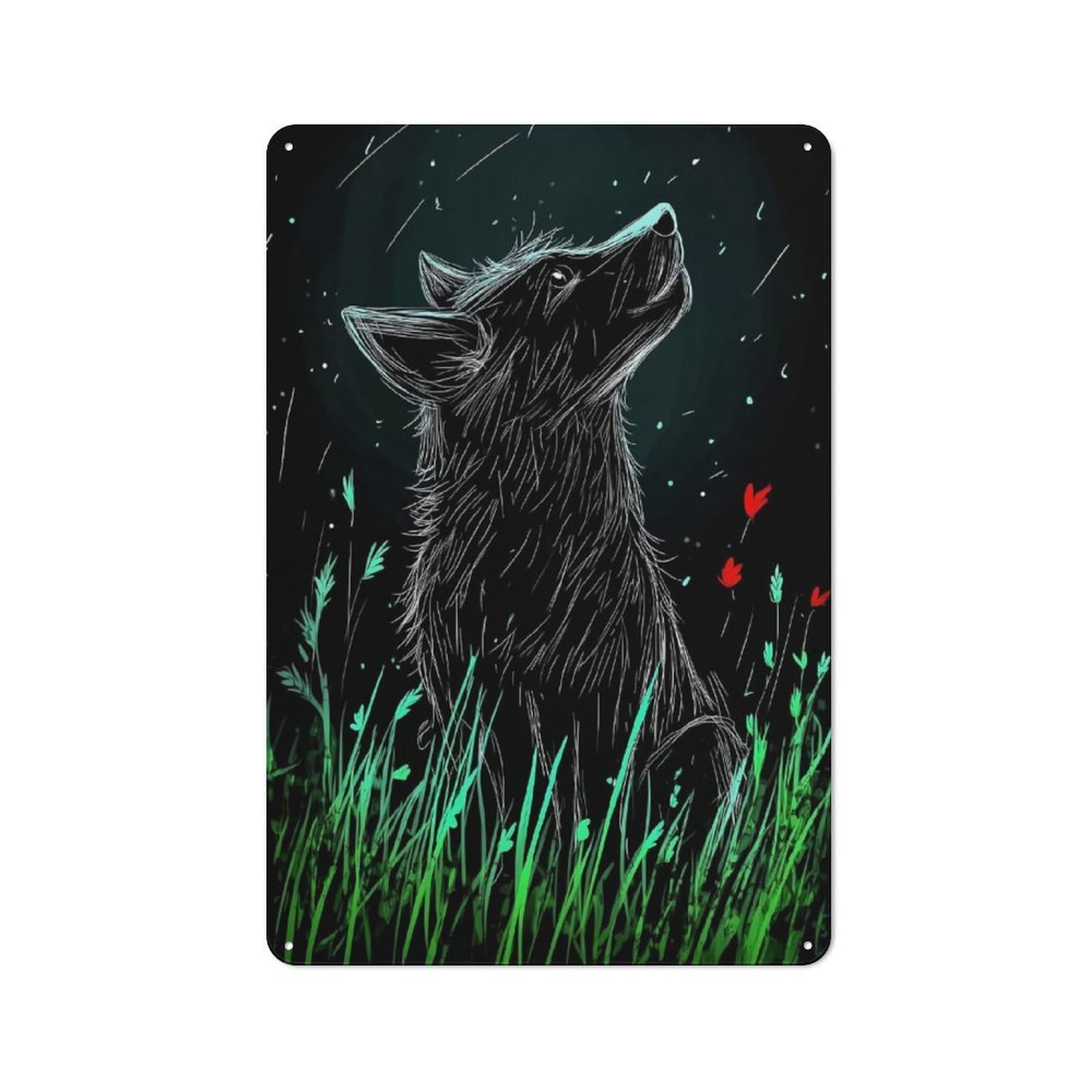 Rustic Vintage Metal Sign 30x20cm Featuring Wolf Under The Stars, Home Bar Decor for Cafe, Pub, Workshop Or Home Bar
