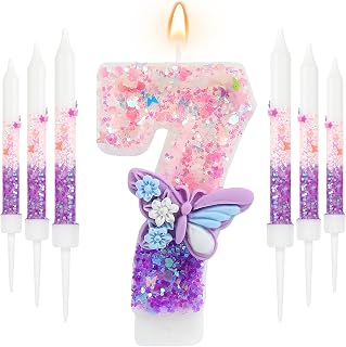 AKURIEEY Butterfly 7th Birthday Candle Purple Number 7 Candle with 6 Pcs Long Candles for Girls Cake Topper Cupcake Decor Party Decoration Anniversary Celebrations Supplies