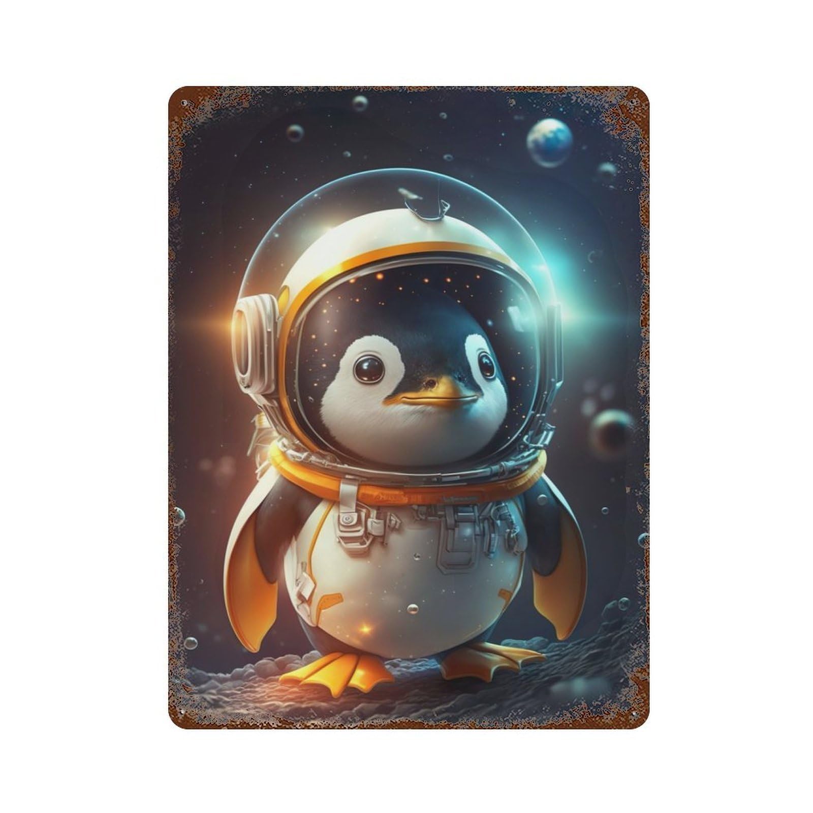 Astronaut Space Penguin Rustic Tin Plaque 15.7"x11.8", Ideal for Shed, Workshop And Garage Wall Decor